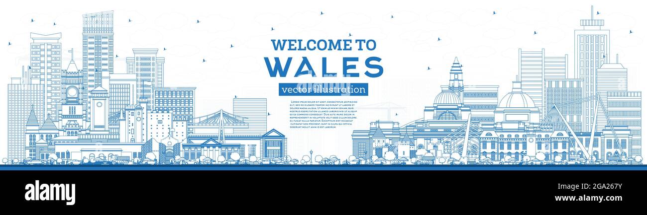 Beschreibung Willkommen in der Skyline von Wales City mit blauen Gebäuden. Vektorgrafik. Konzept mit historischer Architektur. Stadtbild von Wales mit Wahrzeichen. Stock Vektor