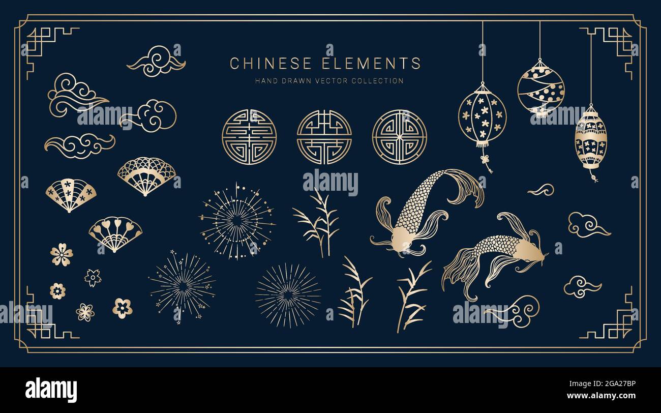 Niedliche handgezeichnete chinesische Stil Elemente, Laterne, Fisch, Wolken, Blumen, Ideal für Karten, Einladung, Dekoration - Vektor-Design Stock Vektor