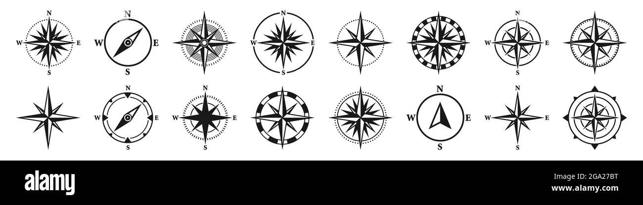 Vintage Marine Wind Rose, Seekarte. Monochromer Navigationskompass mit Himmelsrichtungen von Nord, Ost, Süd, West. Geografische Lage Stock Vektor