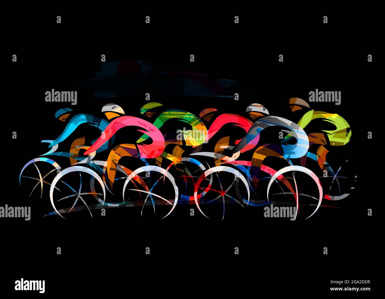 Radrennen, Straßenradsport. Ausdrucksstarke Illustration von Radfahrern in voller Geschwindigkeit. Schwarzer Hintergrund. Stockfoto
