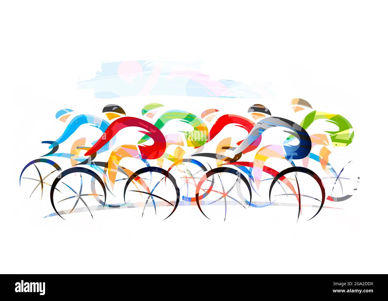 Radrennen, Straßenradsport. Ausdrucksstarke Illustration von Radfahrern in voller Geschwindigkeit. Imitation der Pinselzeichnung. Stockfoto