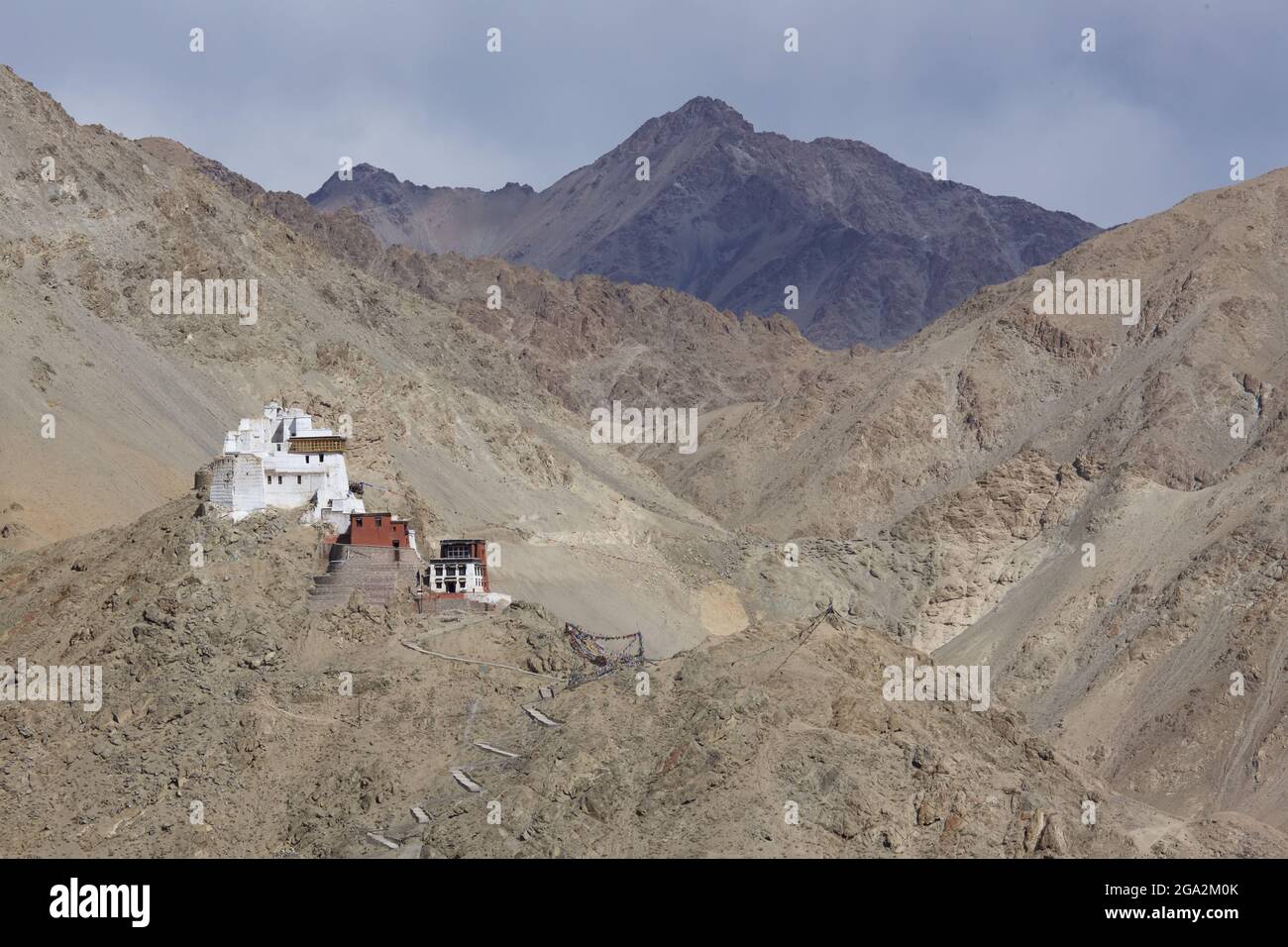 Tsemo Gompa (Namgyal Tsemo Kloster) oberhalb des Leh Palastes (ehemaliger Königspalast) von Leh im Indus-Tal, durch den Himalaya-Mou... Stockfoto