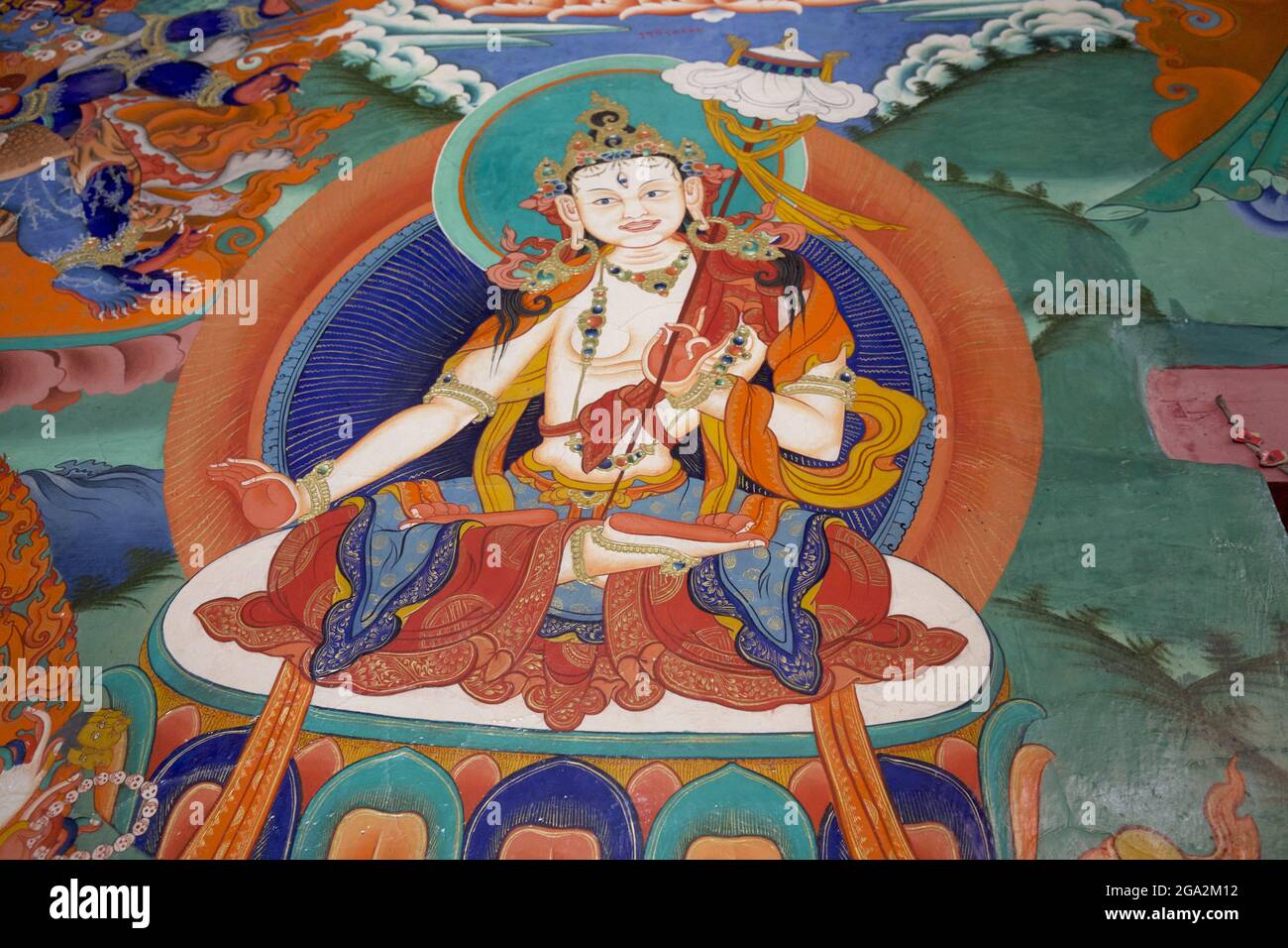 Thangka-Wandbild der tibetisch-buddhistischen Gottheit im Likir-Kloster, Jammu und Kaschmir; Likir, Ladakh, Indien Stockfoto
