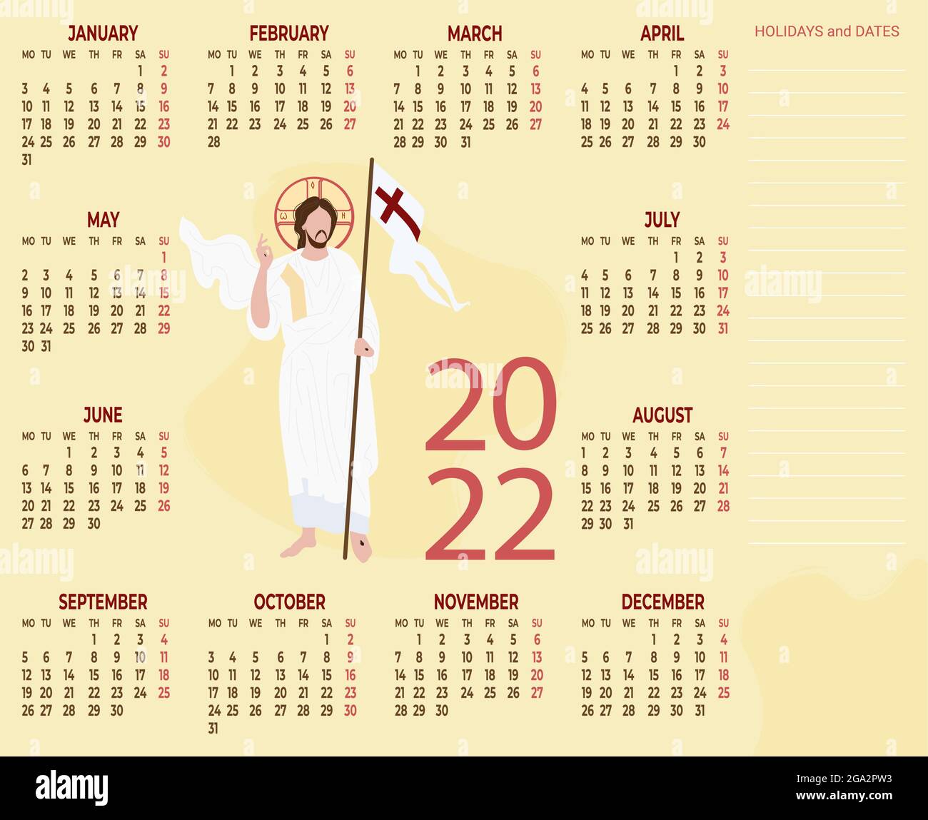 Jahreskalender 2022. Religiöser Kalender mit Jesus Christus dem Erlöser auf dem Hintergrund 