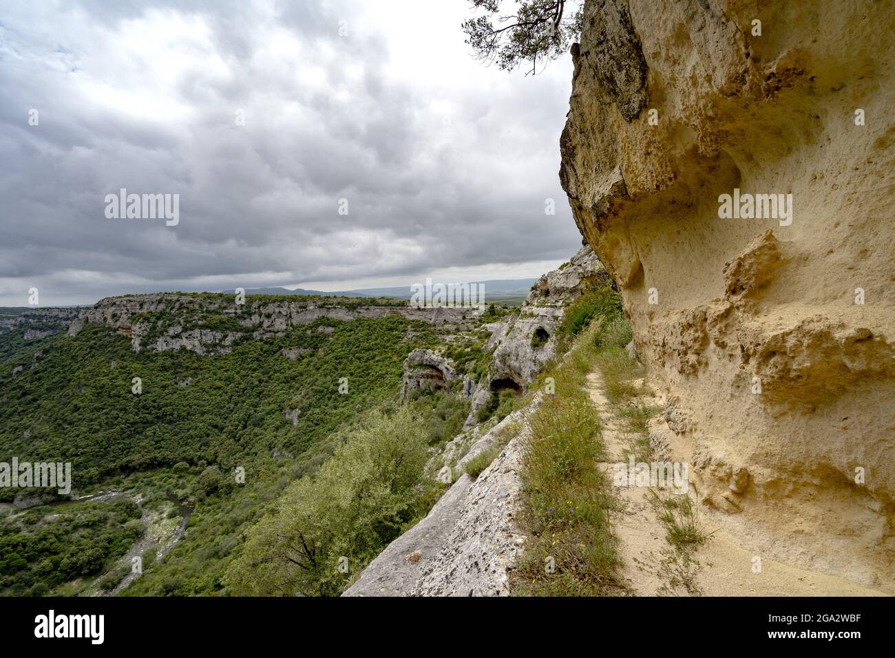 Blick auf Felsenklippen und Hochplateaus entlang der Wanderwege durch den Fluss Gravina di Miera und den Park in der Nähe von Miera; Miera, Basilicata, Italien Stockfoto