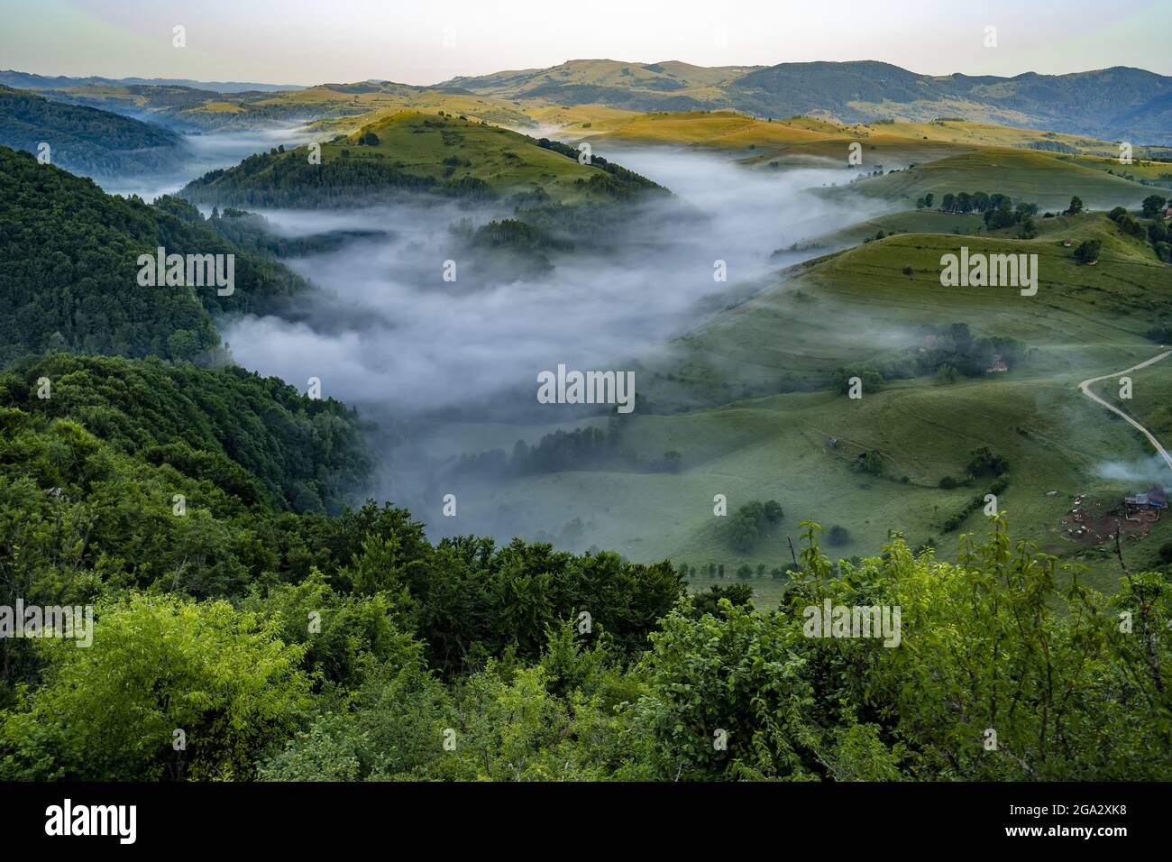 Morgenmist in den Tälern unterhalb von Salciua in Sub Piatra des Trascaului-Gebirges; Salciua, Sub Piatra, Siebenbürgen, Rumänien Stockfoto