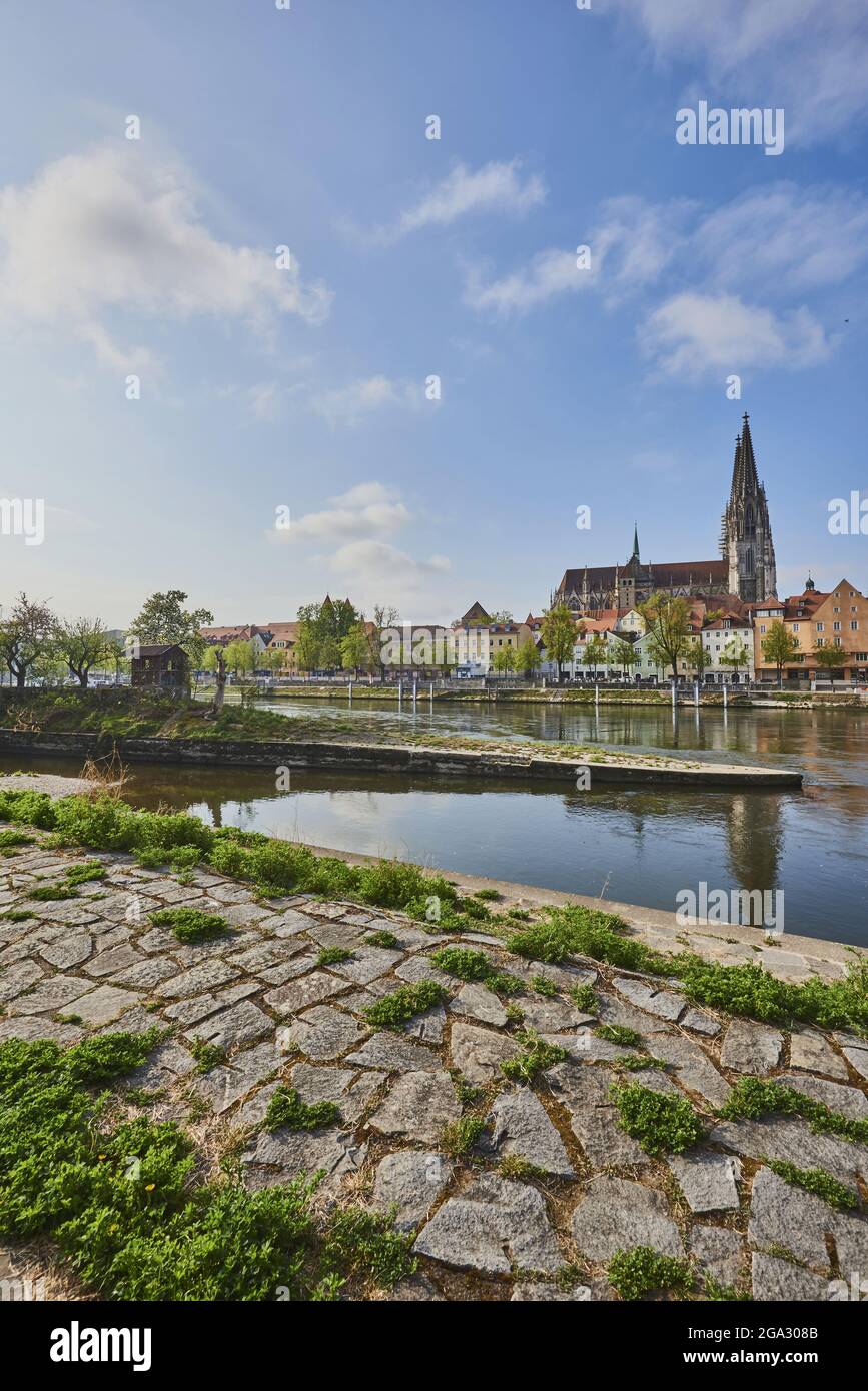 Blick über die Donau mit dem alten, gotischen Petersdom vom Steinweg am Marc​-Aurel-Ufer in der Altstadt von Regensburg mit... Stockfoto
