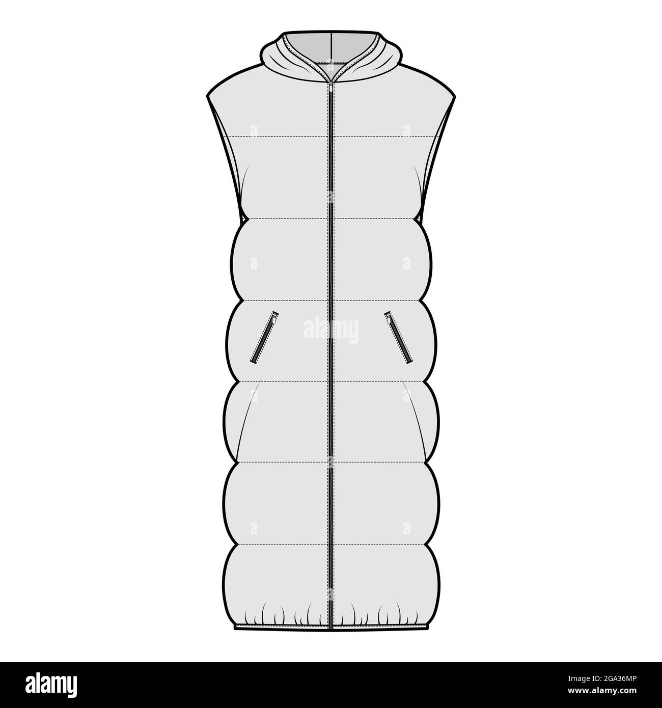 Daunenweste Kugelweste technische Fashion-Illustration mit Kapuzenkragen, Reißverschluss, übergroß, knielang, breiter Steppung. Flache Schablone vorne, grau. Frauen, Männer, Unisex TOP CAD Mockup Stock Vektor