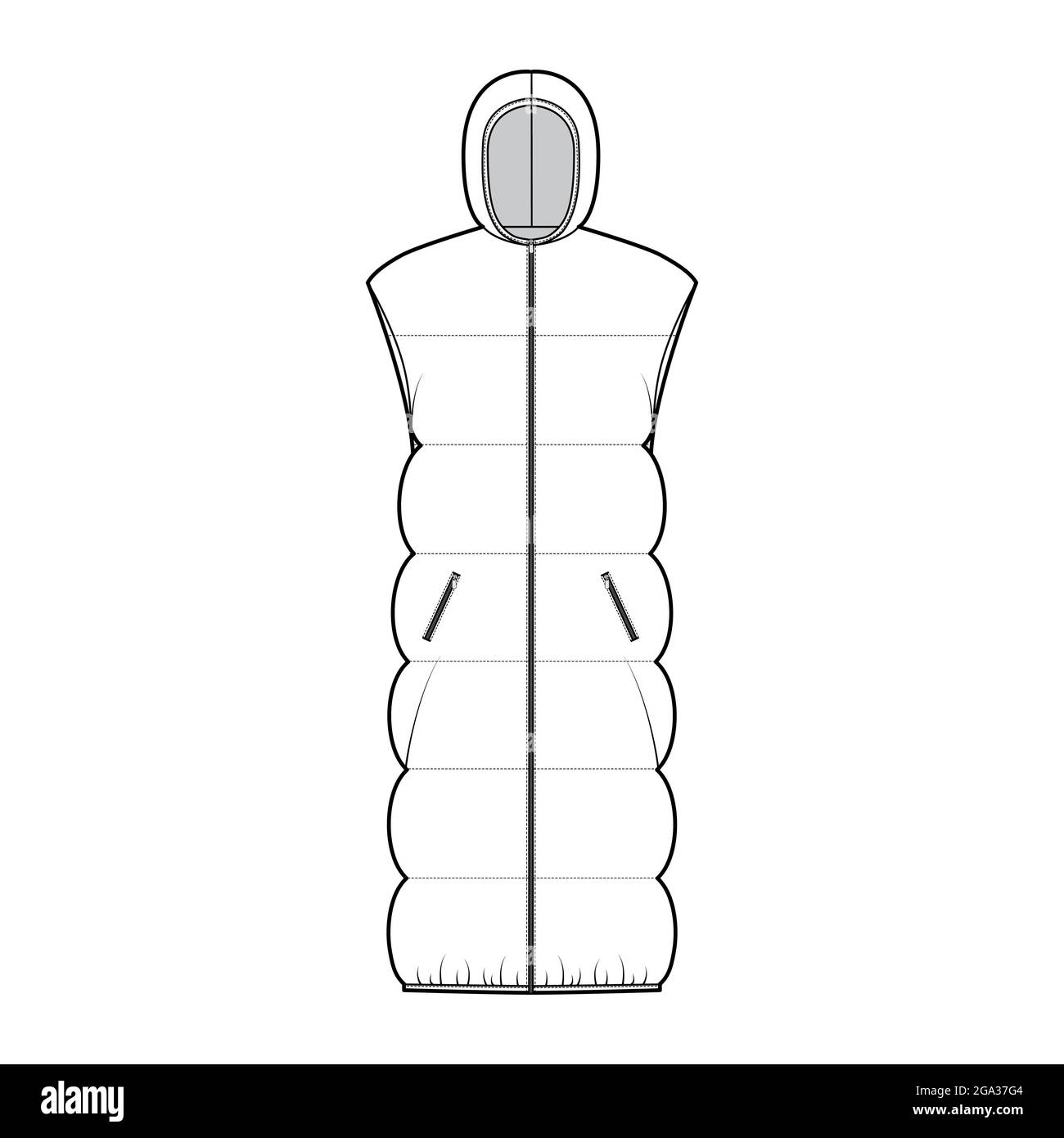 Daunenweste Kugelweste technische Mode-Illustration mit ärmellosem, Kapuzenkragen, Reißverschluss, übergroß, knielang, Breite Steppung. Flache Schablone vorne, weiß. Frauen, Männer, CAD-Modell Stock Vektor