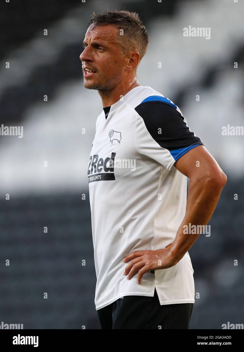 Derby, England, 28. Juli 2021. Phil Jagielka von Derby County während des Freundschaftsspiels vor der Saison im Pride Park Stadium, Derby. Bildnachweis sollte lauten: Darren Staples / Sportimage Stockfoto