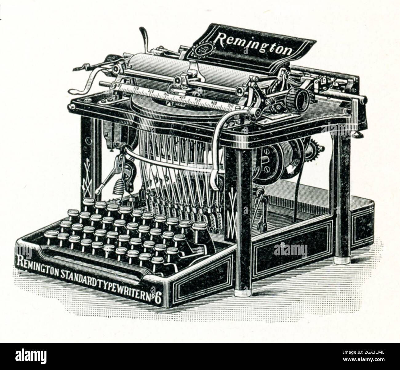 Diese Remington Standard Model Number 6 Schreibmaschine wurde um 1894 von der Remington Standard Schreibmaschine Company hergestellt. Die Modellnummer 6 enthielt viele Verbesserungen an Remington’s früheren Modellen, darunter einen verbesserten Zylinder, einen verbesserten Abstandsmechanismus, einen verbesserten Papierwagen und einstellbare Papierführungen. Viele dieser Verbesserungen sind auf den Erfindungsreichtum des Remington-Mechanisten George B. Webb zurückzuführen. Stockfoto