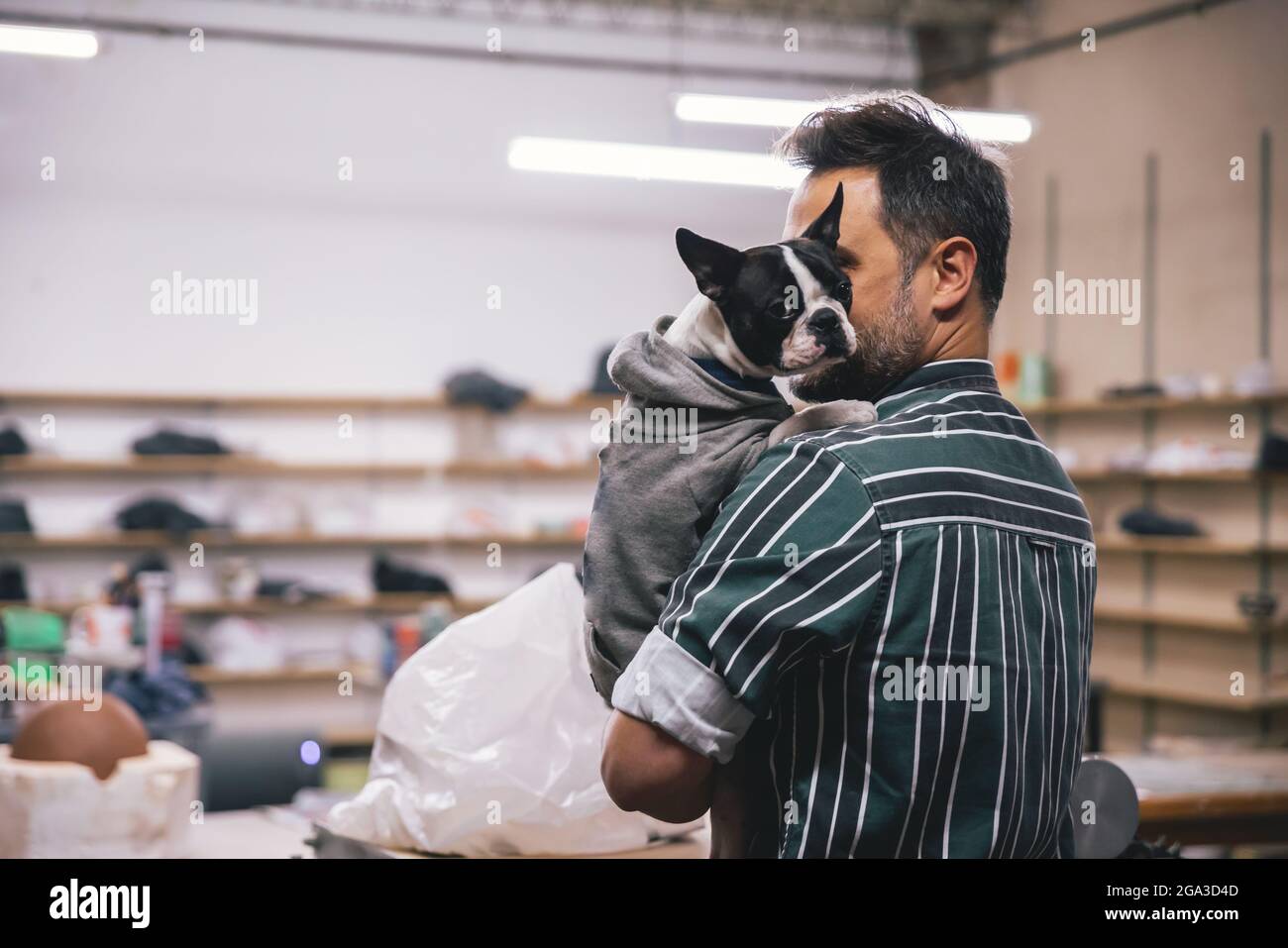 Ein erwachsener hispanischer Mann umarmt eine französische Bulldogge in einem Arbeitsshund Stockfoto