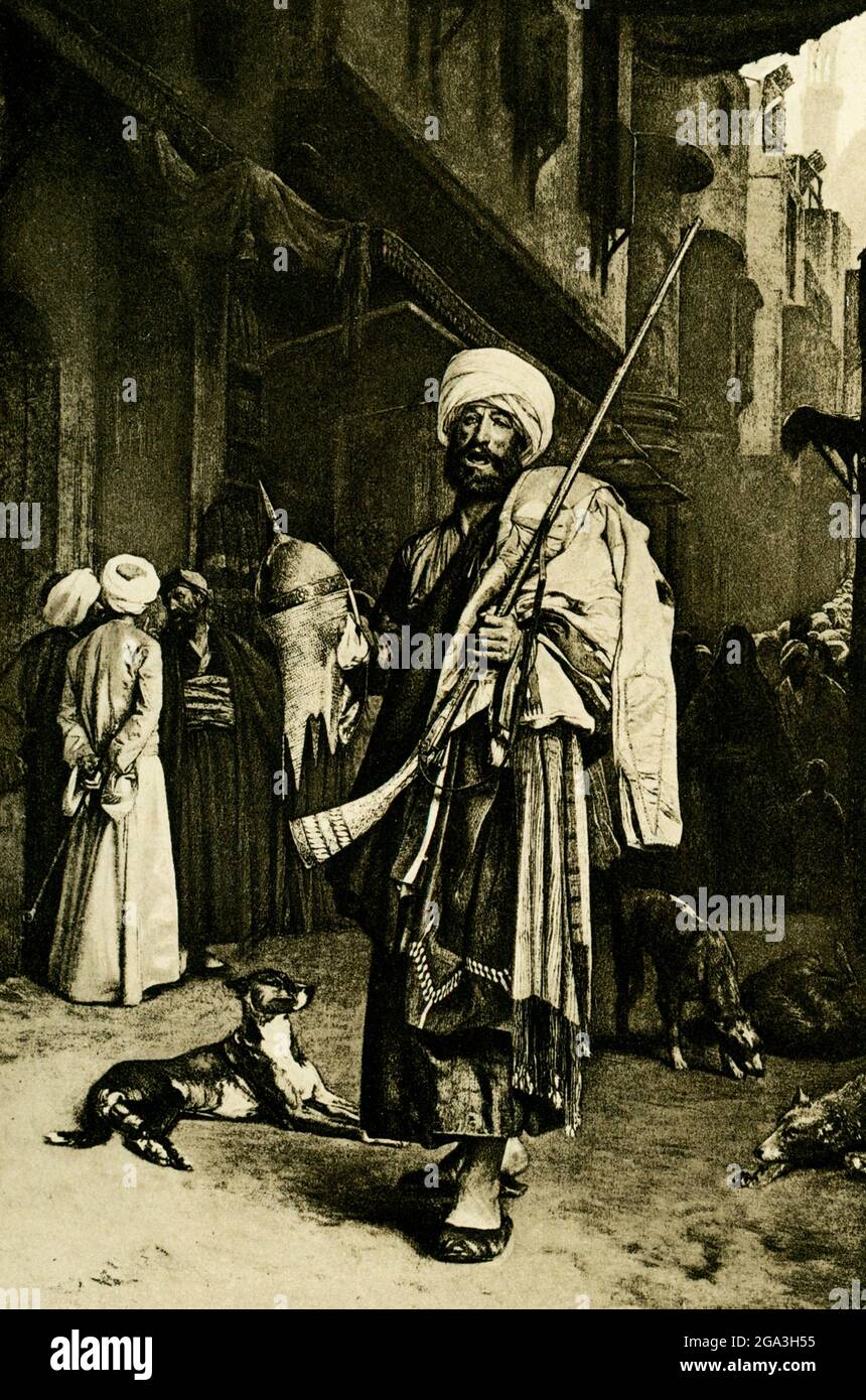 Arab Street Verkäufer von Kuriosen in Kairo - nach einem Gemälde von Gerome. Jean-Léon Gérôme (1824 – 1904) war ein französischer Maler und Bildhauer im Stil des heutigen Akademismus. Stockfoto