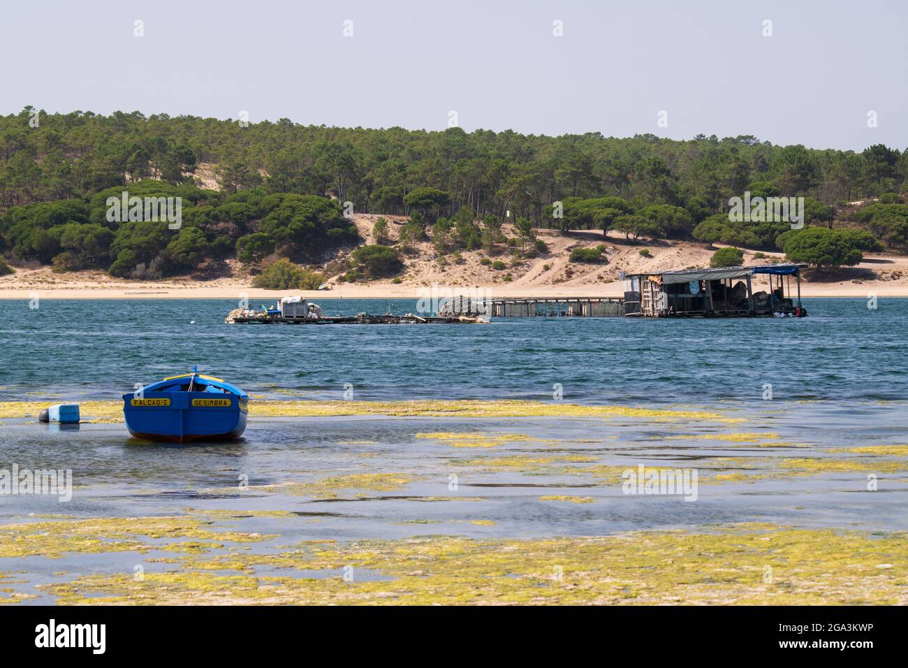 Lagoa („Lagune“) de Albufeira liegt auf der westlichen Seite der Halbinsel Setúbal, zwischen Caparica und Espichel Cap. Stockfoto