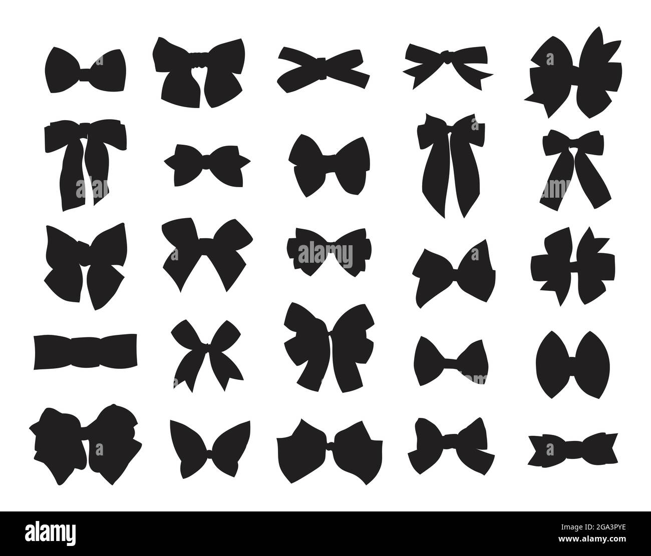 Sammlung von Vektor-Illustrationen von verschiedenen Schleifen und Bändern Silhouetten, isolierte schwarze Elemente auf weißem Hintergrund. Stock Vektor