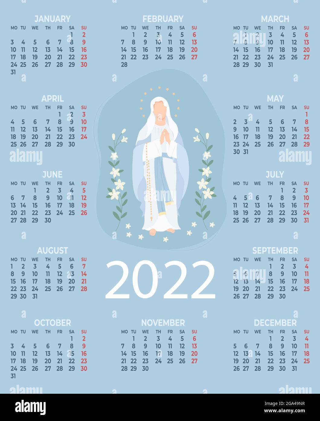 2022 Religiöser Kalender mit der Allerheiligsten Gottesmutter Königin Himmlische Jungfrau Maria auf blauem Hintergrund. Vektorgrafik. Vertikale Vorlage für 12 Stock Vektor