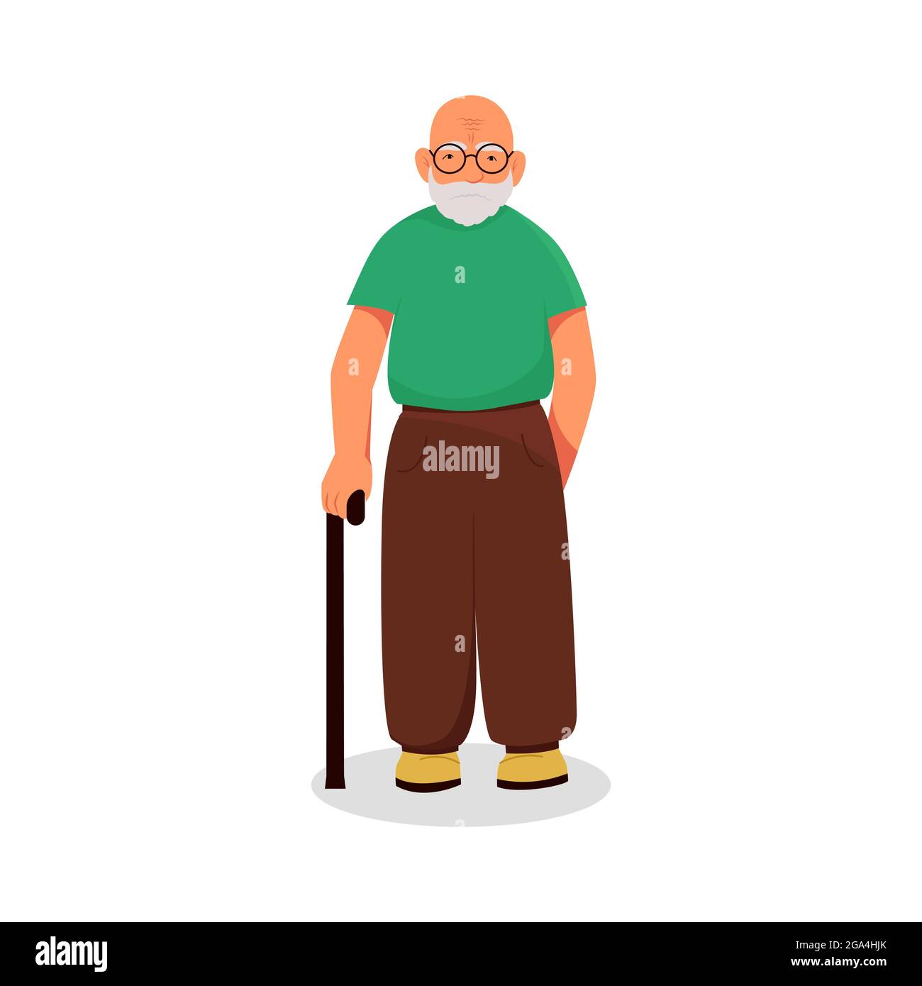Alter Mann mit Brille und mit einem Stock in der Hand, Vektorfigur im Cartoon-Stil. Flaches Design Stock Vektor
