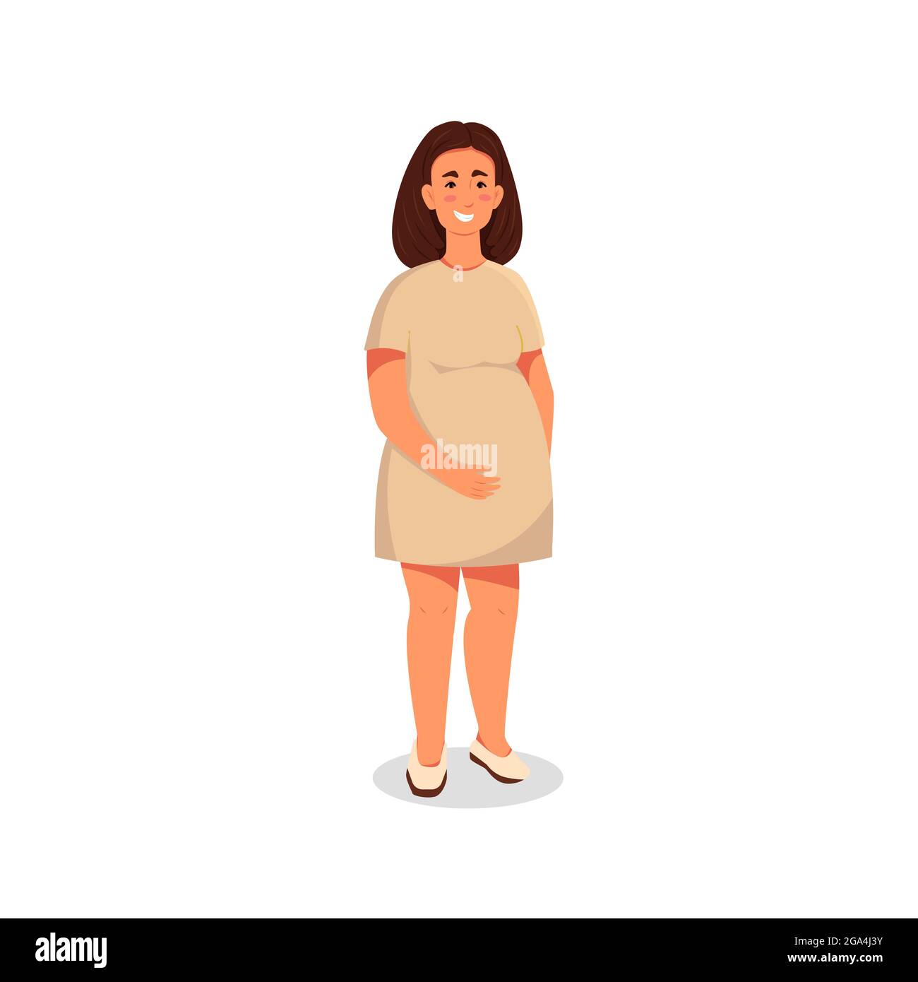 Eine Schwangerin hält ihren Bauch mit der Hand. Vektorgrafik Zeichentrickfigur. Abbildung in flacher Ausführung Stock Vektor