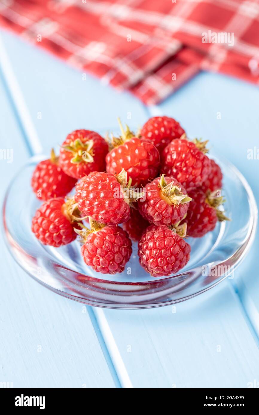 Reife rote Himbeeren auf Glasplatte auf blauem Tisch. Stockfoto