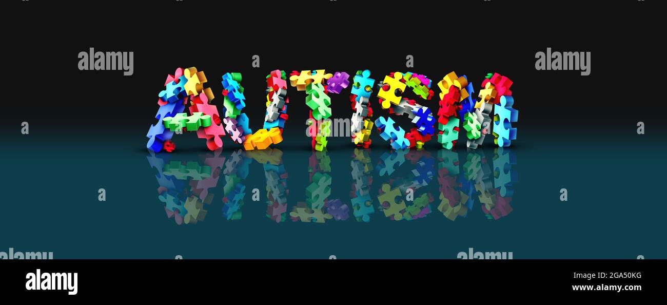 Autistische Entwicklungserziehung und Autismus-Störung Puzzletext, der Kinder Sand Kind spezielle Lernsymbol als Puzzleteile kommen darstellt. Stockfoto