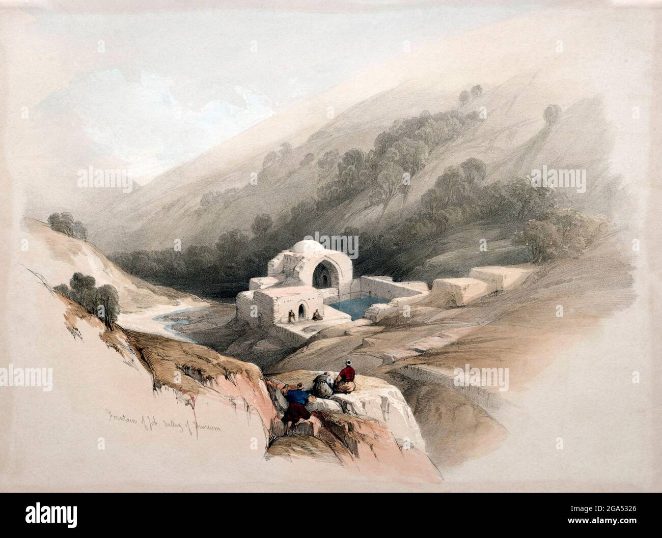 Palästina/Israel: 'Der Brunnen Hiobs im Tal Hinnom'. Farblithographie von David Roberts (1796-1864), 1839. David Roberts RA (1796-1864) war ein schottischer Maler. Er ist vor allem für eine fruchtbare Serie von detaillierten Drucken von Ägypten und dem Nahen Osten bekannt, die er in den 1840er Jahren aus Skizzen, die er während langer Touren durch die Region (1838–1840) machte, produzierte. Dieses Werk und seine großen Ölgemälde ähnlicher Motive machten ihn zu einem prominenten orientalistischen Maler. 1841 wurde er zum Royal Academician gewählt. Stockfoto