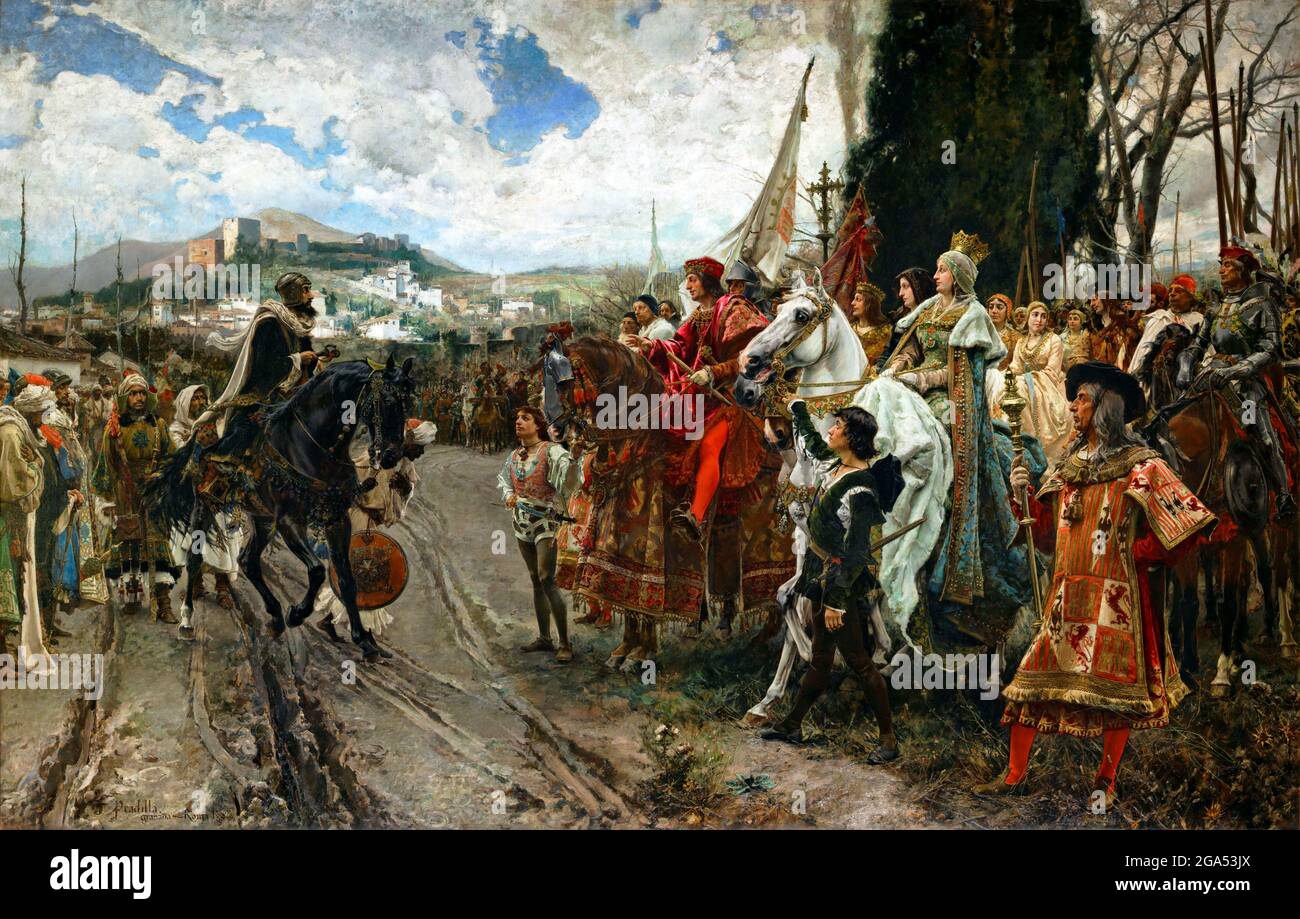 Spanien/Maghreb: „die Kapitulation von Granada“. Öl auf Leinwand, Gemälde von Francisco Pradilla Ortiz (1848-1921), 1882. Abu 'abd-Allah Muhammad XII (c. 1460- c. 1533), bekannt als Boabdil, war der 22. Und letzte Nasridenherrscher von Granada. Im Jahr 1491 wurde Muhammad XII. Von Ferdinand und Isabella zur Kapitulation der Stadt Granada aufgefordert und nach seiner Weigerung von den Kastiliern belagert. Schließlich, am 2. Januar 1492, wurde Granada aufgegeben. Boabdil übergab Ferdinand die Schlüssel von Granada an den Ufern des Genil, was das Ende der arabischen Herrschaft in Spanien markierte. Stockfoto