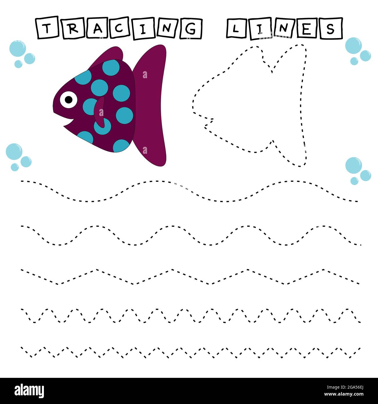 Tracing Lines Spiel mit lustigen Fischen. Arbeitsblatt für Kinder im Vorschulalter, Aktivitätsblatt für Kinder, druckbares Arbeitsblatt Stock Vektor