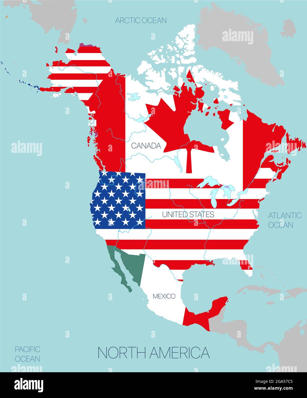 Abstrakte Karte von Nordamerika durch Flaggen gefärbt Stockfoto