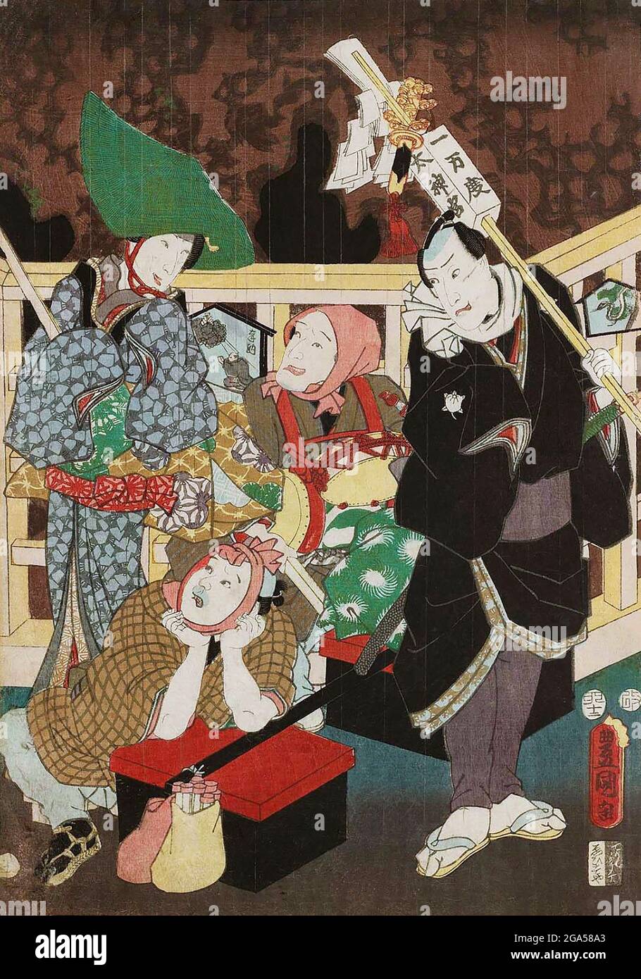 Japan: „Schutz vor dem Regen, Treffen auf der Straße zu Neujahr, Nr. 4: Schauspieler Sawamura Tossho II, Nakamura Tsuruzo I, Kawarazaki Gonjuro I“. Teil des Triptychon-Drucks von Utagawa Kunisada I (1786-1865), 1855. Utagawa Kunisada, auch bekannt als Utagawa Toyokuni III, war der populärste, produktivste und finanzerfolgreichste Designer von Ukiyo-e-Holzschnitten im Japan des 19. Jahrhunderts. In seiner eigenen Zeit übertraf sein Ruf den seiner Zeitgenossen Hokusai, Hiroshige und Kuniyoshi weit. Seine Lieblingsthemen waren Vergnügungshäuser und Teezeremonien. Stockfoto