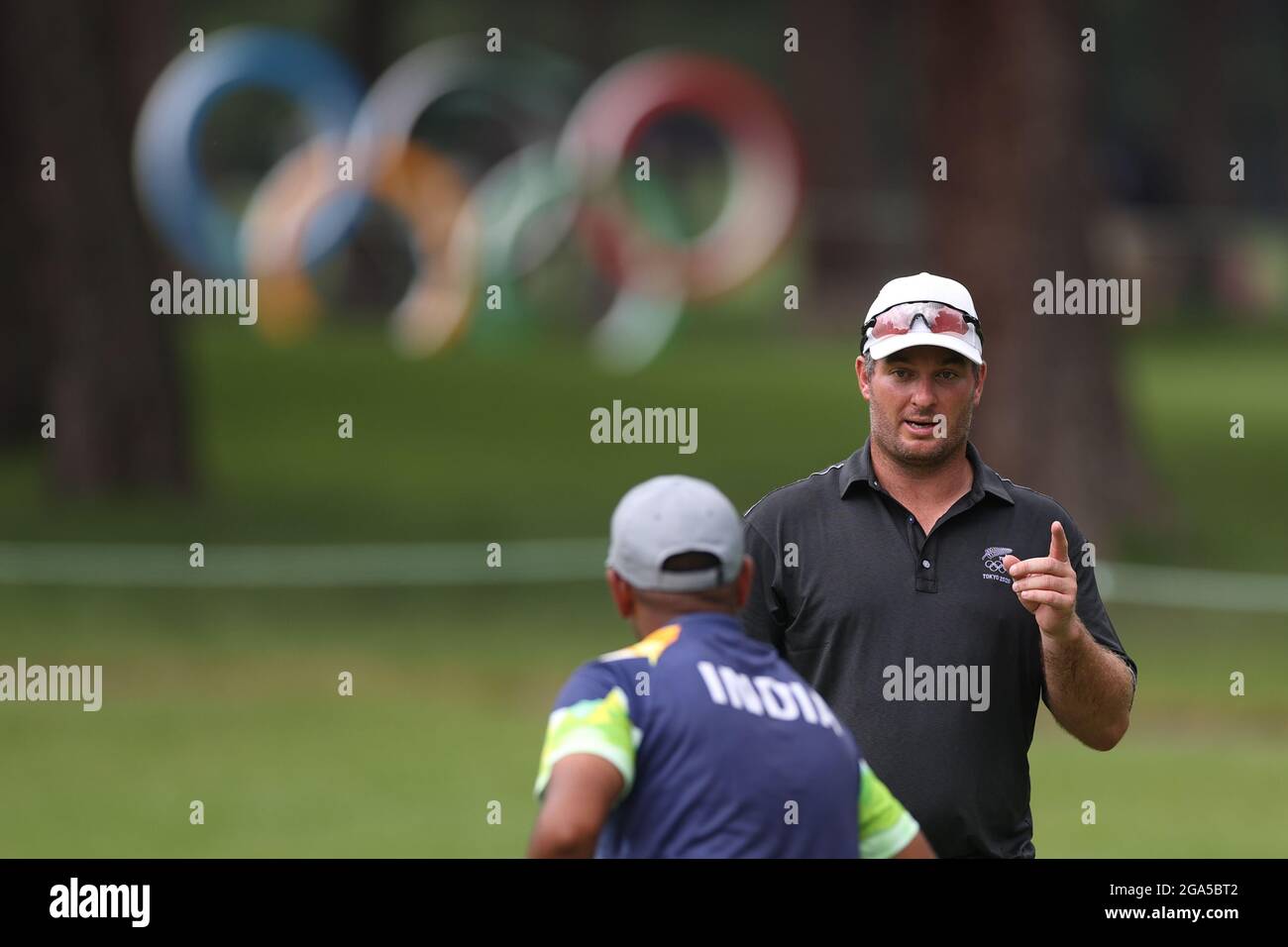 Saitama, Japan. Juli 2021. Ryan Fox aus Neuseeland reagiert nach der Tokyo 2020 Men's Individual Stroke Play Runde of Golf in Saitama, Japan, 29. Juli 2021. Quelle: Zheng Huansong/Xinhua/Alamy Live News Stockfoto