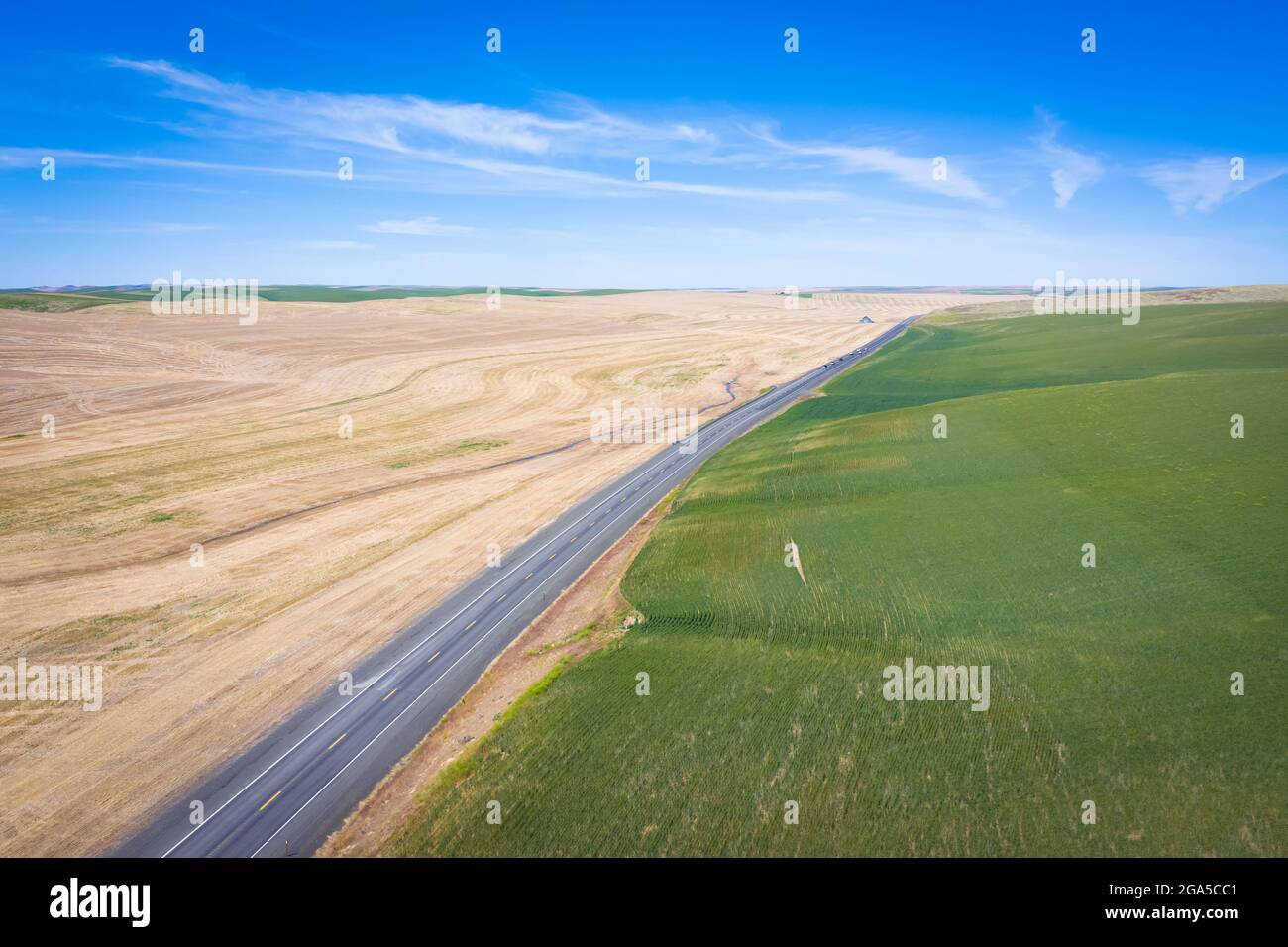 Highway in der Gegend von Palouse im Bundesstaat Washington. Stockfoto