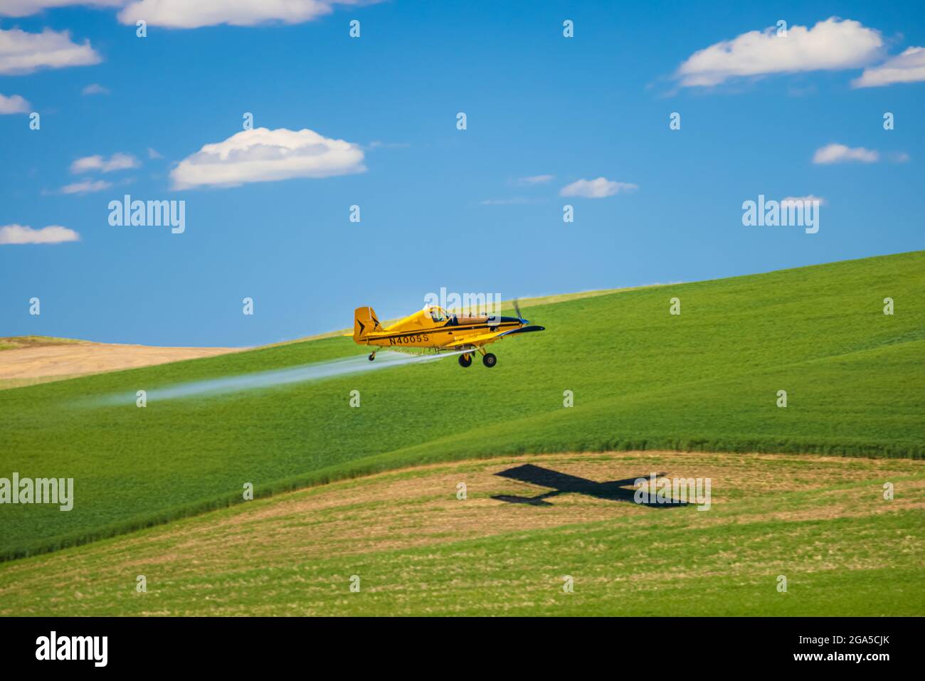 Staubflugzeug über Weizenfeldern im Gebiet Palouse im Osten des Staates Washington Stockfoto