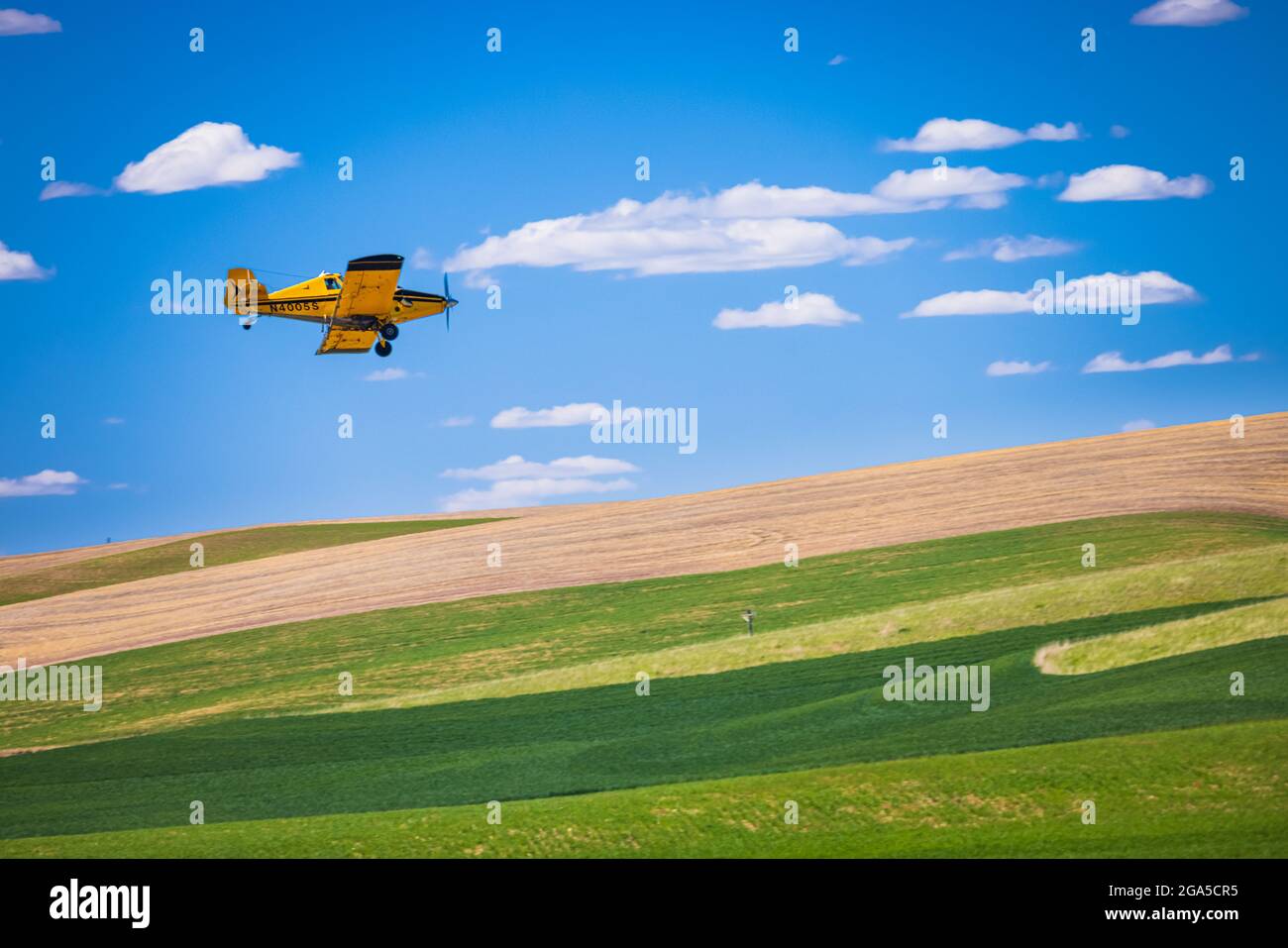 Staubflugzeug über Weizenfeldern im Gebiet Palouse im Osten des Staates Washington Stockfoto