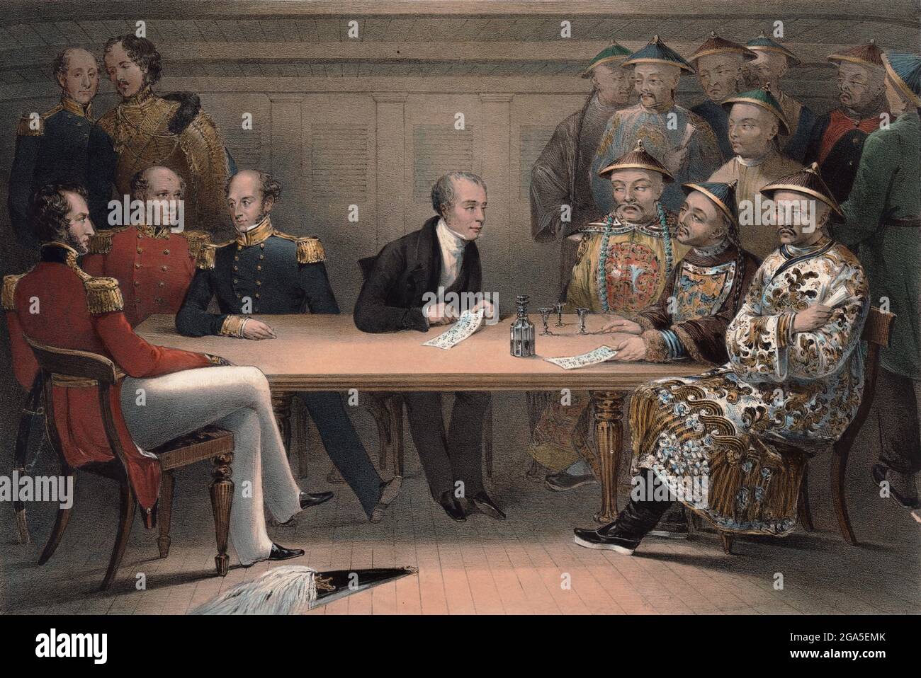 China: Britische und chinesische Beamte an Bord der HMS Wellesley einen Tag vor der Gefangennahme von Chusan (5-6. Juli 1840) im Ersten Opiumkrieg. Der britische Commodore Sir James Gordon Bremer (Tisch, 3. Links) und der chinesische Admiral Chang (Tisch, 3. Rechts), Karl Gützlaff (Mitte) dienten als Dolmetscher. Die erste Gefangennahme von Chusan durch britische Truppen in China erfolgte am 5. Und 6. Juli 1840 während des Ersten Opiumkrieges. Die Briten eroberten Chusan, die größte Insel eines gleichnamigen Archipels. Der erste anglo-chinesische Krieg (1839–42), der im Volksmund als der erste Opiumkrieg oder einfach nur der Opiumkrieg bekannt ist, wurde dazwischen ausgetragen Stockfoto