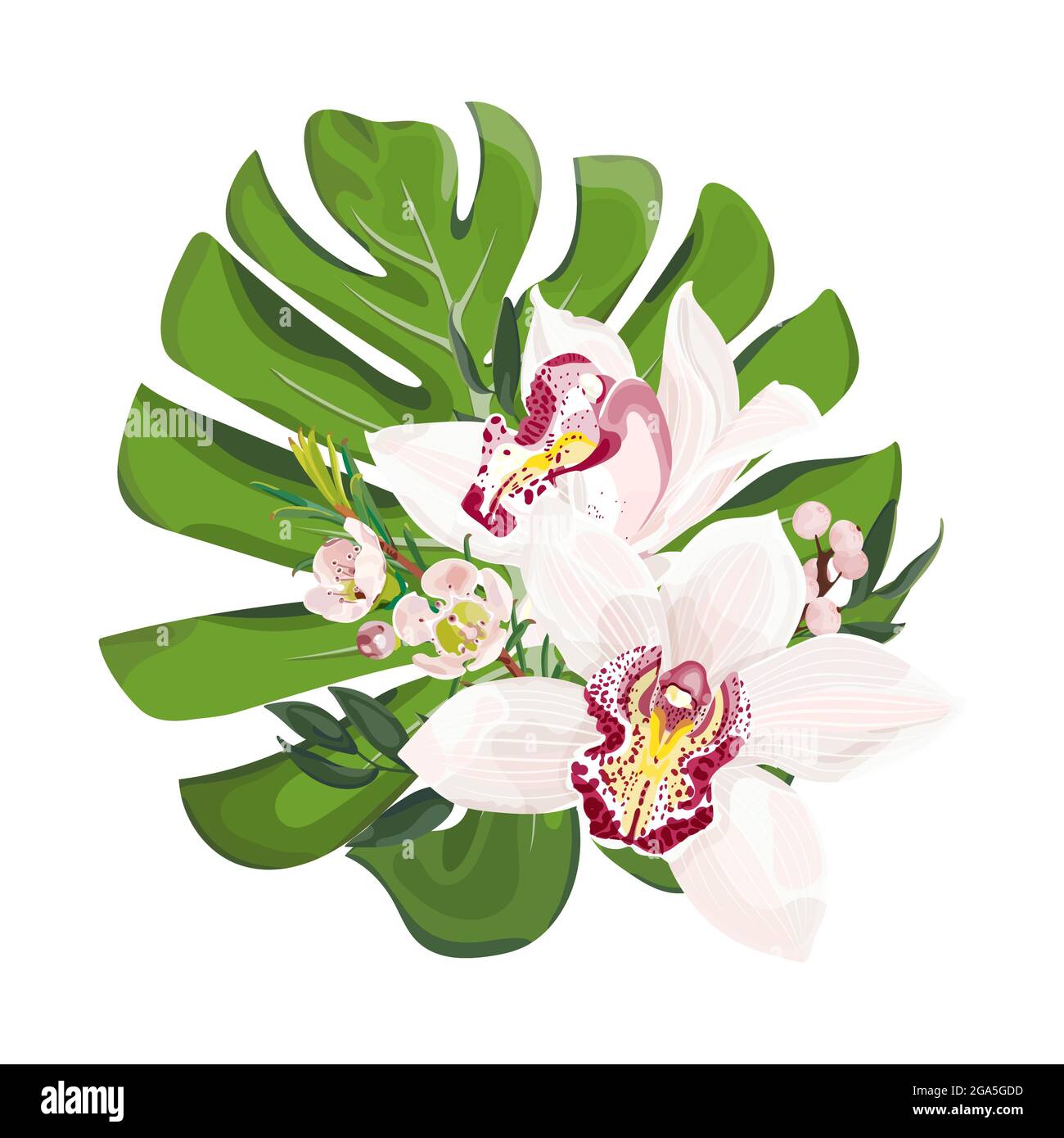 Bouquet von tropischen Blumen. Monstera Blätter mit rosa Cymbidium Orchideenblüten. Floristik für Hochzeiten. Stock Vektor