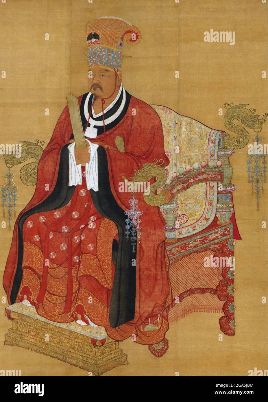 China: Kaiser Xuanzu (Zhao Hongyi, 899-956), Vater der ersten beiden Song-Kaiser Taizu und Taizong, wurde posthum als Gründungsvater der Song-Dynastie geehrt. Hängende Schriftrolle, Song-Dynastie (960-1279). Zhao Hongyi (899-956) war der Vater der Song-Kaiser Taizu (r. 960-976) und Taizong (976-997). Er war während der fünf Dynastien und zehn Königreiche Militärgeneral und diente unter Kaiser Zhuangzong von später Tang. Er soll ein erfahrener Pferdeschütze sein. Stockfoto