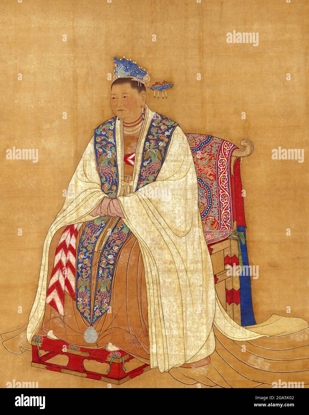 China: Kaiserin Dowager Zhaoxian (902. - 17. Juli 961), Mutter der ersten beiden Song-Kaiser Taizu und Taizong. Hängende Schriftrolle, Song-Dynastie (960-1279). Lady Du, formell als Zhaoxian bekannt, war eine Kaiserin der Song-Dynastie. Sie war die Frau von General Zhao Hongyin und Mutter der ersten beiden Song-Kaiser Taizu und Taizong. Kaiser Taizong beanspruchte die Legitimität des Thrones durch ihren offensichtlichen Willen, der angeblich bei ihrem Tod in einem goldenen Regal versiegelt wurde, obwohl viele Historiker glauben, dass er dies erfunden hat. Stockfoto
