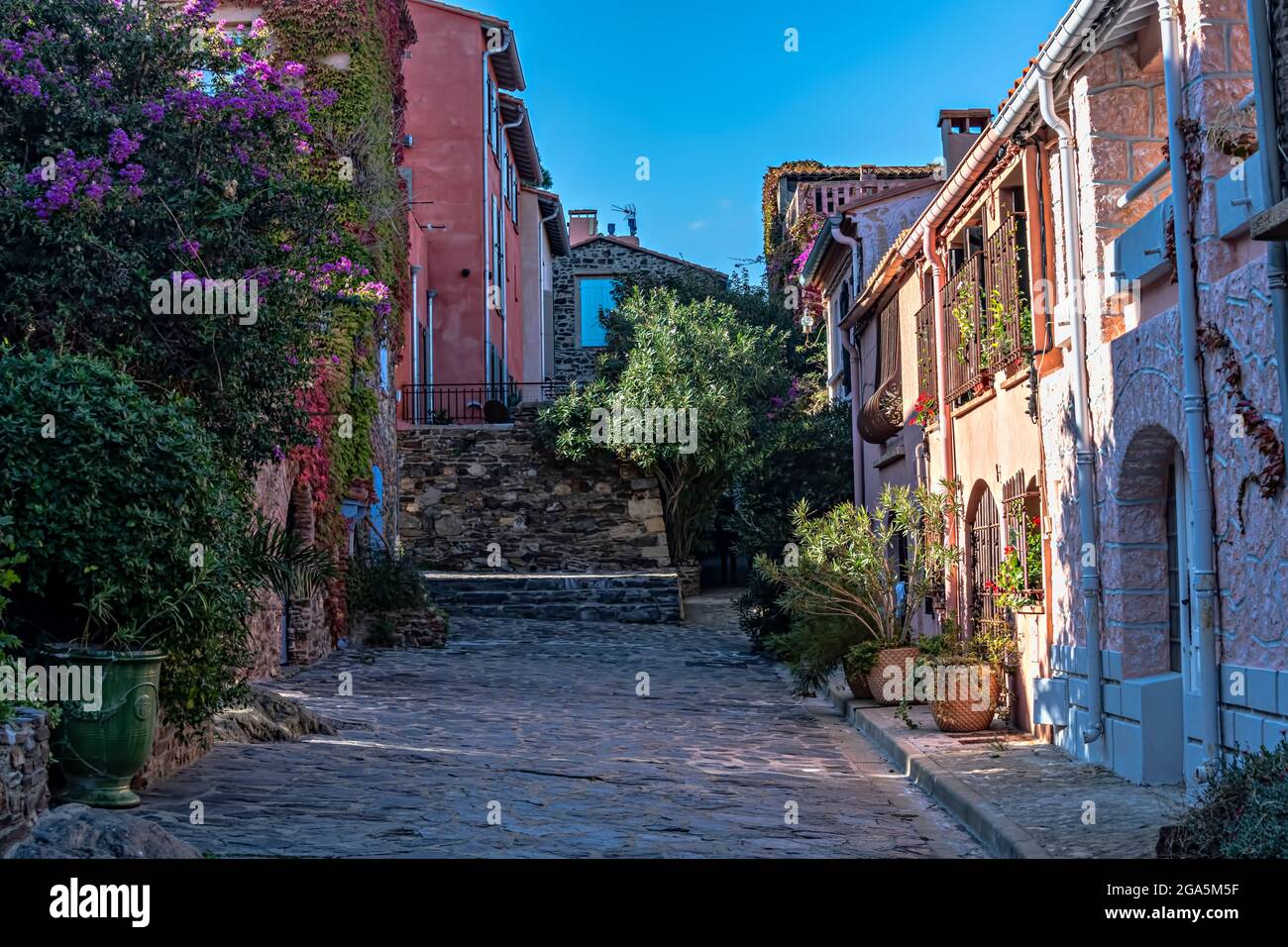 Straßen in der Altstadt, Collioure, Pyrenees-Orientales, Languedoc-Roussillon, Frankreich. Stockfoto