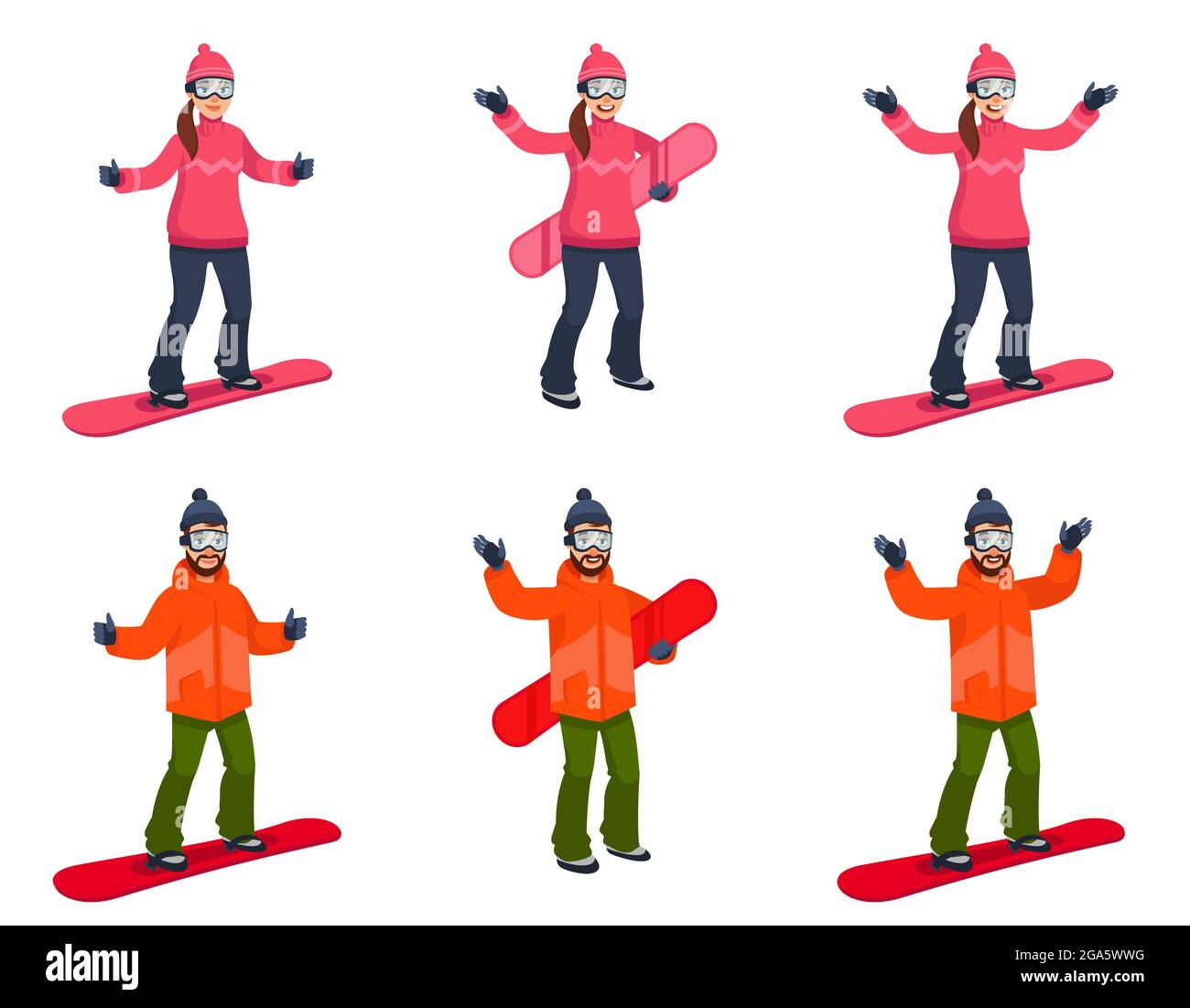 Snowboarder in verschiedenen Posen. Männliche und weibliche Charaktere im Cartoon-Stil. Stock Vektor