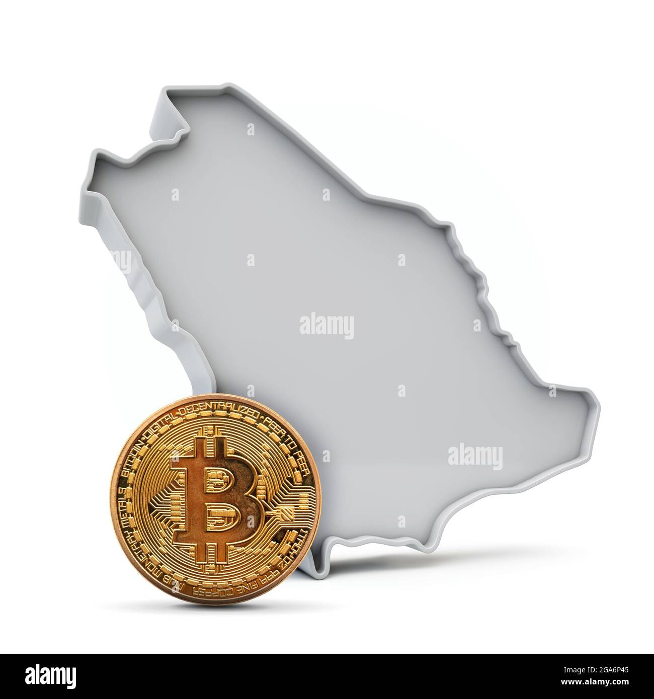 Saudi-Arabien Bitcoin Hintergrund. Kryptowährung Münze mit Karte. 3D-Rendering Stockfoto