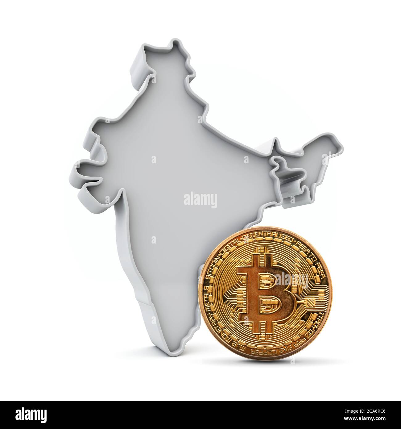 Indien Bitcoin Hintergrund. Kryptowährung Münze mit Karte. 3D-Rendering Stockfoto