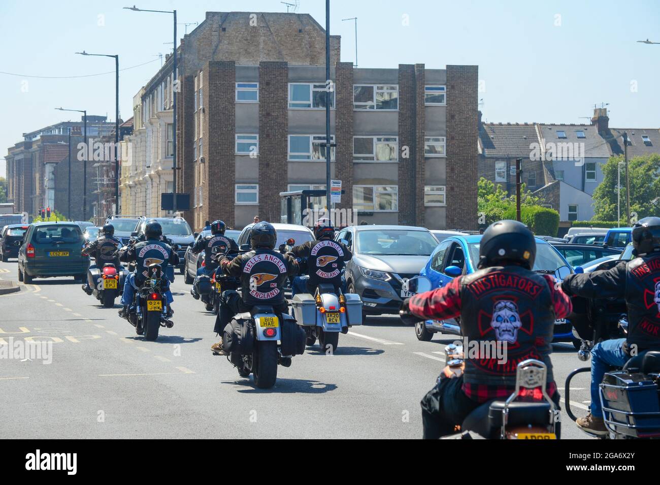 Hells Angels reiten durch Margate, Kent, Großbritannien Stockfoto