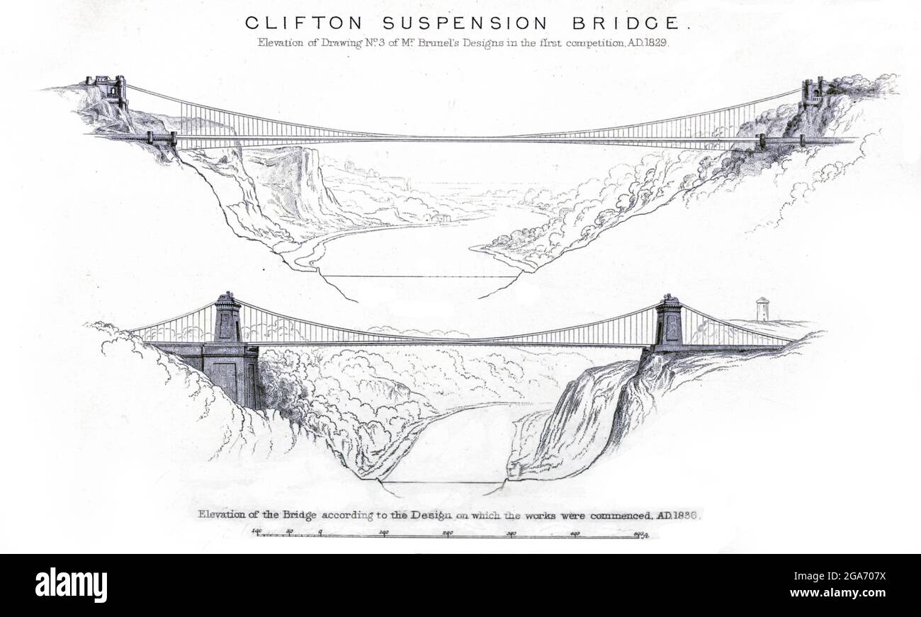 Clifton Suspension Bridge (eröffnet 1864) aus dem Buch das Leben des Isambard Kingdom Brunel, Bauingenieur. Von Isambard Brunel Veröffentlicht in London von Longmans, Green in 1870. Isambard Kingdom Brunel FRS MInstCE (9. April 1806 – 15. September 1859) war ein englischer Bauingenieur, der als "eine der genialsten und produktivsten Persönlichkeiten der Ingenieurgeschichte", "einer der Ingenieurgiganten des 19. Jahrhunderts" und "eine der größten Persönlichkeiten der industriellen Revolution, [Wer] veränderte das Gesicht der englischen Landschaft mit seinen bahnbrechenden Entwürfen und genialen Konstruktionen.“ Brunel hat Doc Stockfoto