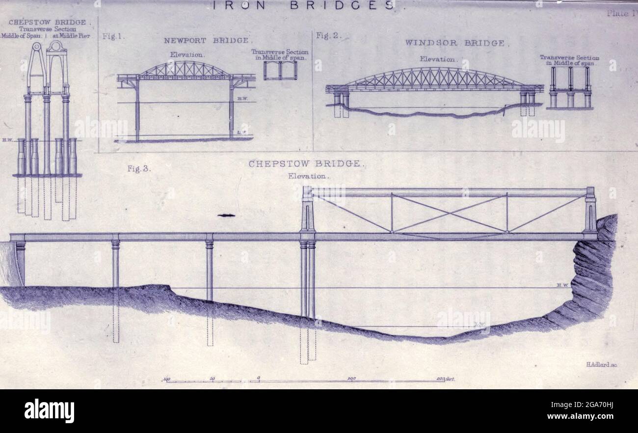 Iron Bridge Design aus dem Buch das Leben des Isambard Kingdom Brunel, Bauingenieur. Von Isambard Brunel Veröffentlicht in London von Longmans, Green in 1870. Isambard Kingdom Brunel FRS MInstCE (9. April 1806 – 15. September 1859) war ein englischer Bauingenieur, der als "eine der genialsten und produktivsten Persönlichkeiten der Ingenieurgeschichte", "einer der Ingenieurgiganten des 19. Jahrhunderts" und "eine der größten Persönlichkeiten der industriellen Revolution, [Wer] veränderte das Gesicht der englischen Landschaft mit seinen bahnbrechenden Entwürfen und genialen Konstruktionen.“ Brunel baute Werften, die Great Wes Stockfoto