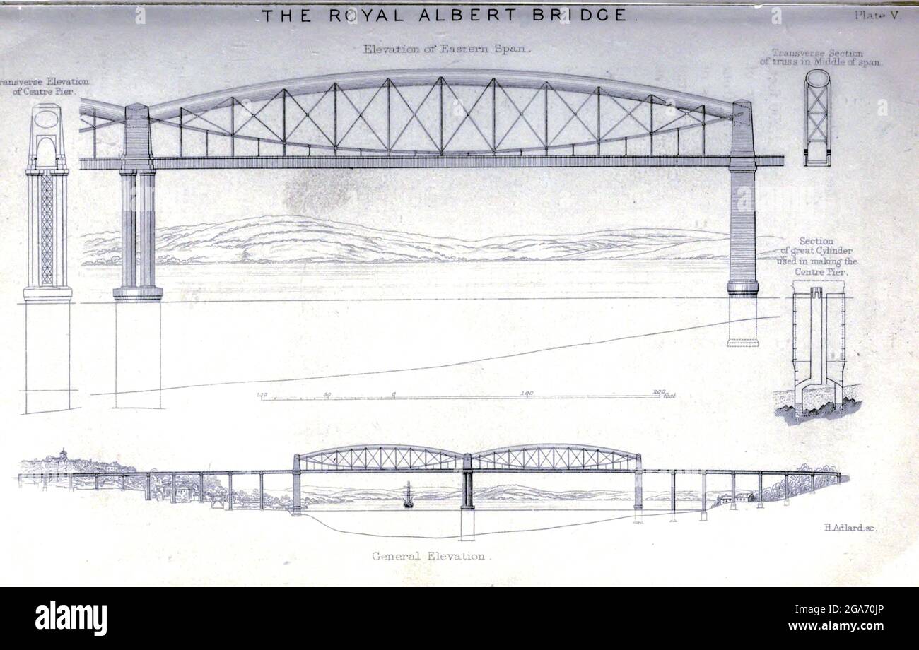 Die Royal Albert Bridge [Saltash Bridge] ist eine Eisenbahnbrücke, die den Fluss Tamar in England zwischen Plymouth, Devon und Saltash, Cornwall, überspannt. Aus dem Buch The life of Isambard Kingdom Brunel, Civil Engineer. Von Isambard Brunel Veröffentlicht in London von Longmans, Green in 1870. Isambard Kingdom Brunel FRS MInstCE (9. April 1806 – 15. September 1859) war ein englischer Bauingenieur, der als "eine der genialsten und produktivsten Persönlichkeiten der Ingenieurgeschichte", "einer der Ingenieurgiganten des 19. Jahrhunderts" und "eine der größten Persönlichkeiten der industriellen Revolution, [die] die f verändert hat Stockfoto