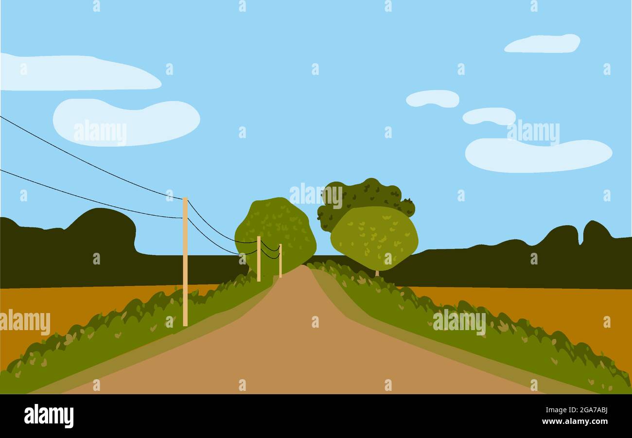 Gerade leere Straße durch die Landschaft Grüne Hügel, blauer Himmel, Wiese. Stock Vektor