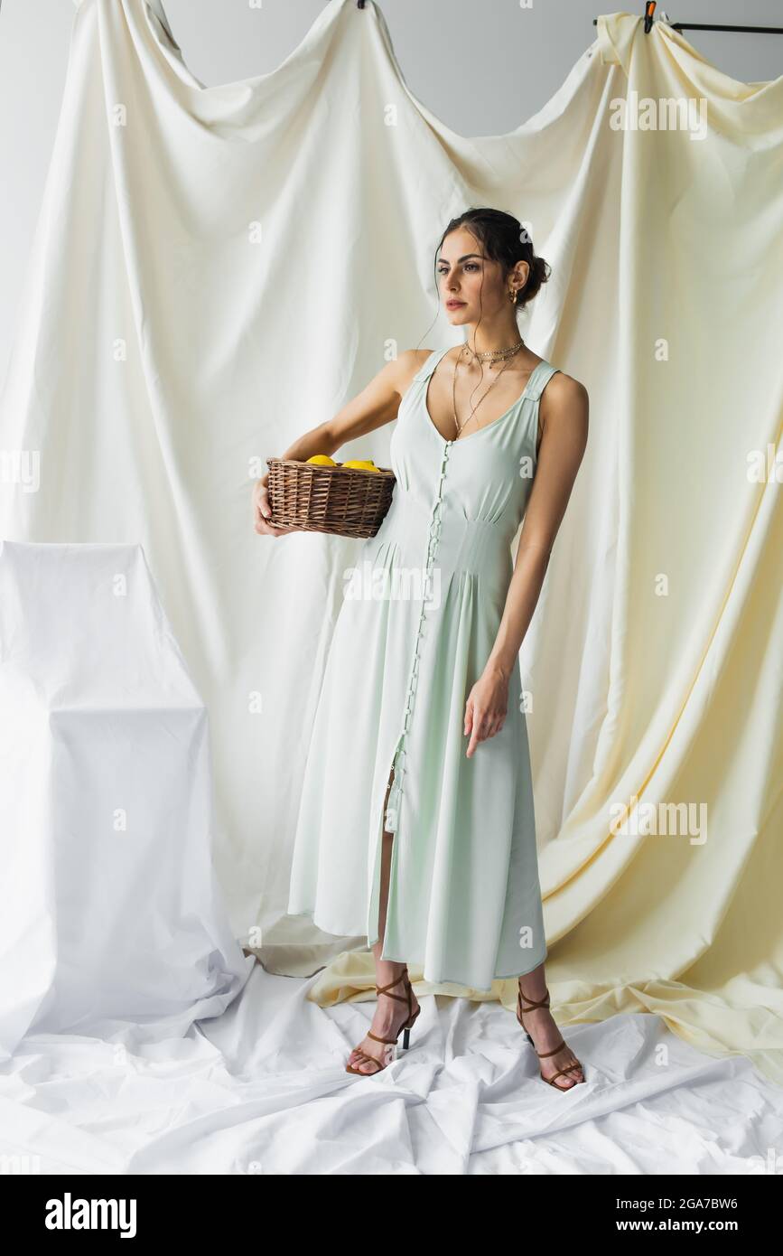 In voller Länge der Frau in Kleid hält Korbkorb mit Zitronen auf weiß Stockfoto