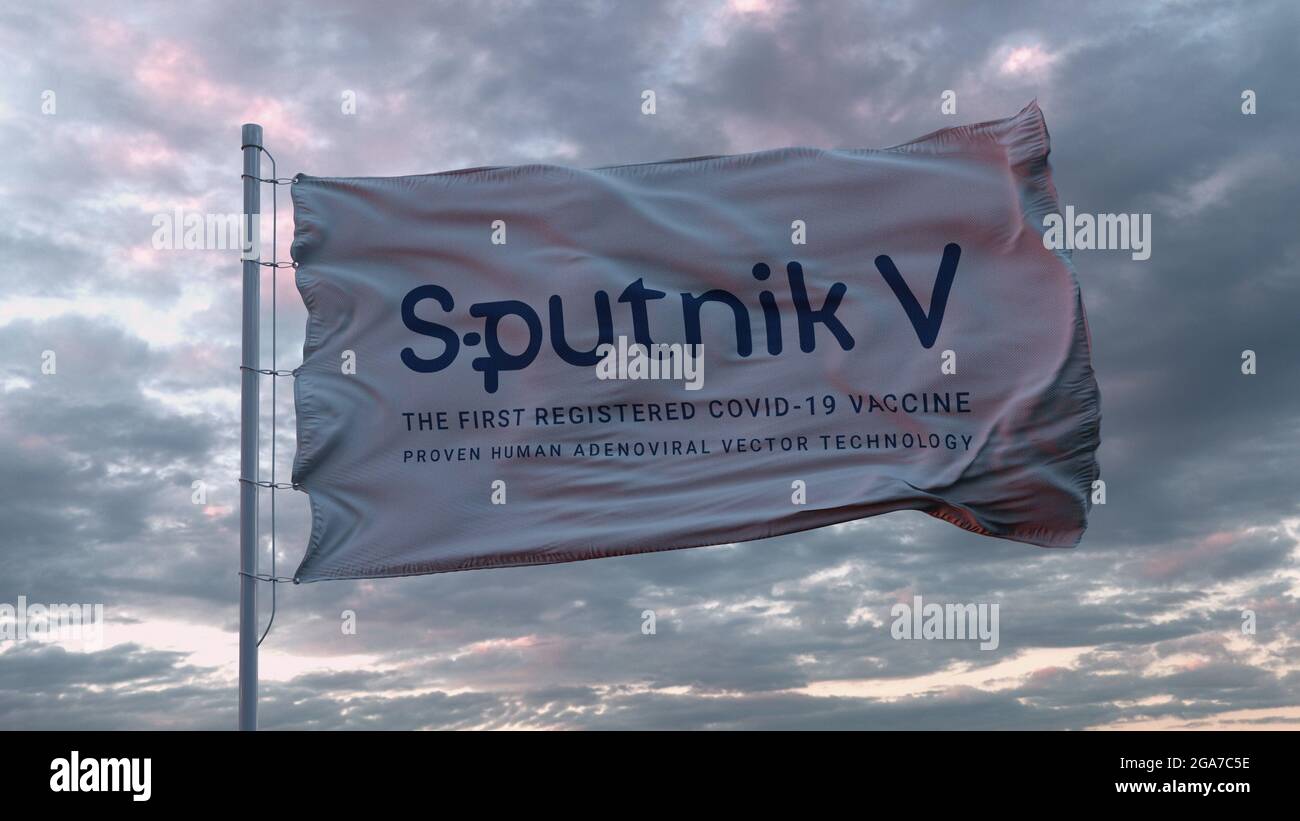 Flagge mit dem Sputnik V-Impfstofflogo, das im Wind winkt. Sputnik V ist der russische Impfstoff COVID-19. 3d-Rendering Stockfoto