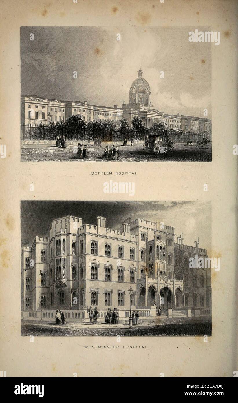 Bethlem Hospital (oben) und Westminster Hospital London aus dem Buch Illustrated London oder einer Reihe von Ansichten über die britische Metropole und ihre Umgebung, eingraviert von Albert Henry Payne, aus Originalzeichnungen. Die historischen, topografischen und verfehlten Mitteilungen von Bichnell, W. I; Payne, A. H. (Albert Henry), 1812-1902 Veröffentlicht 1846 in London von E.T. Brain & Co Stockfoto