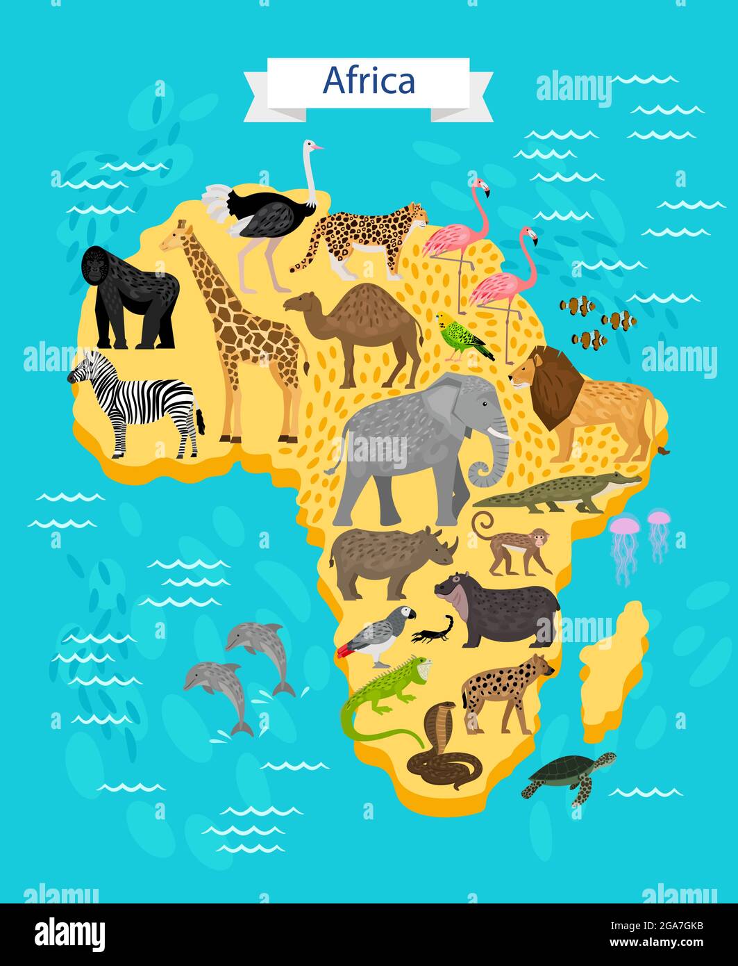 Tiere und Vögel Afrikas auf der Karte Stock-Vektorgrafik - Alamy